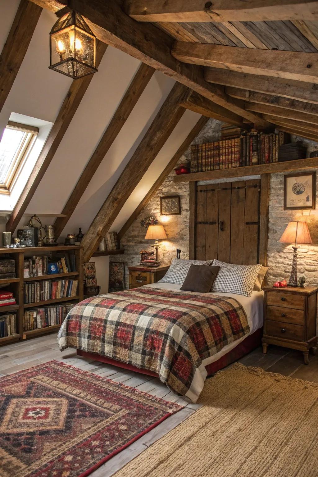 Uncovered timber beams contribute rustic charm to your attic getaway.