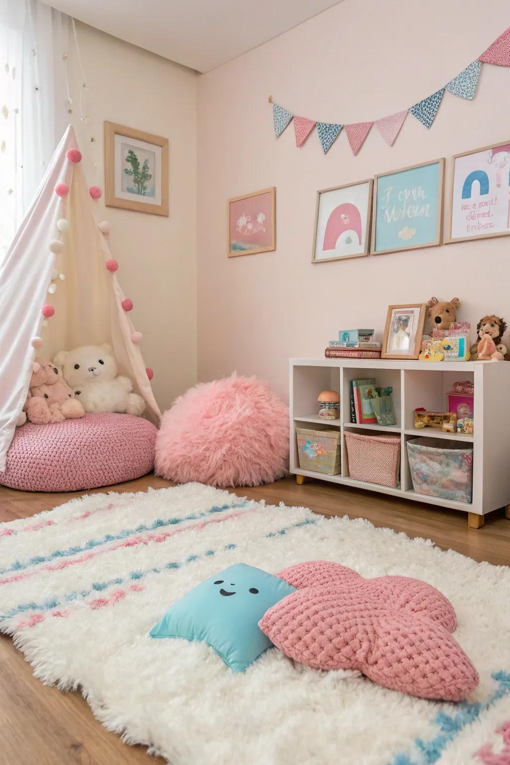 Playful elements infuse charm and coziness into the room.