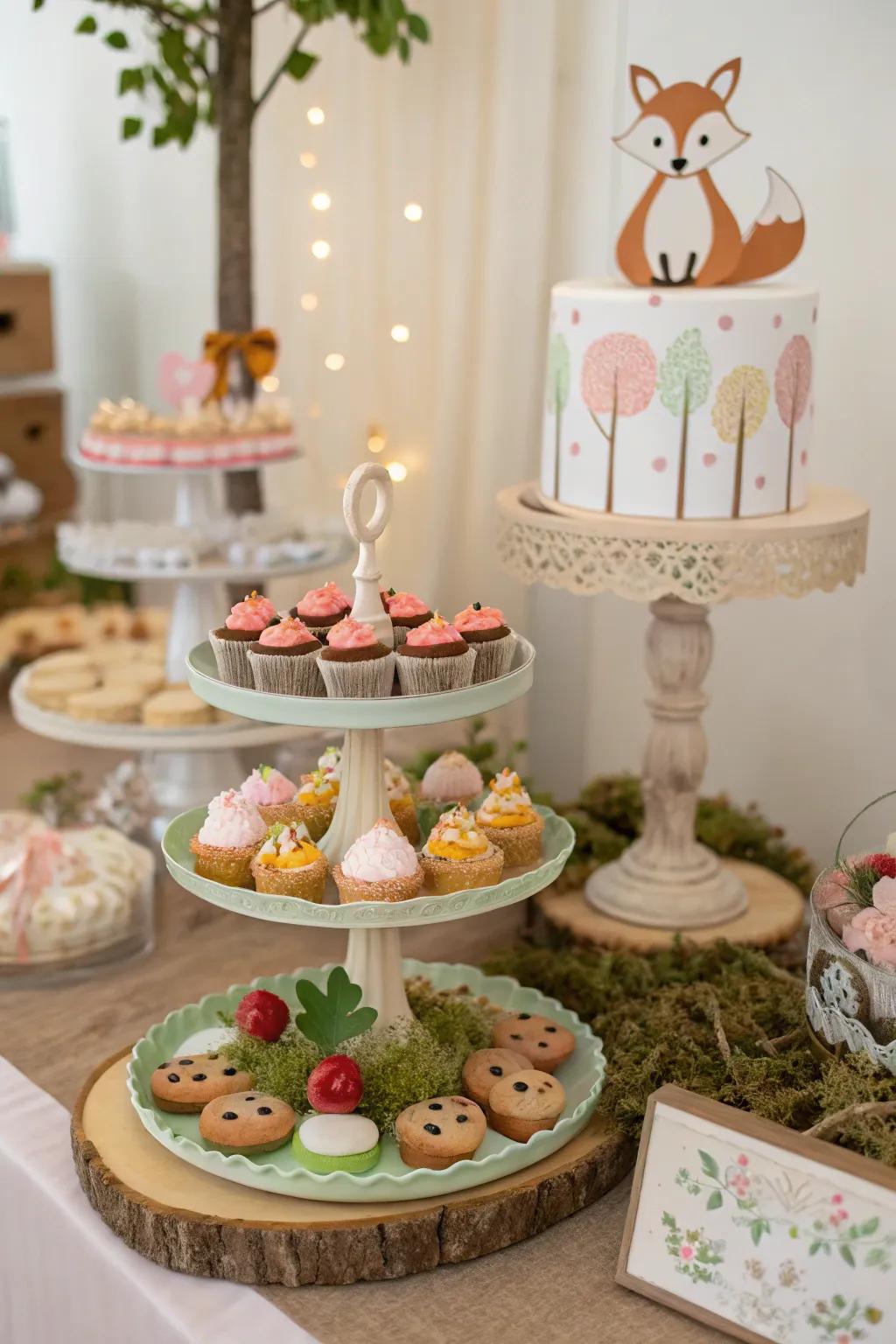 An alluring treat display featuring woodland-themed delicacies crafts a delightful focal point.