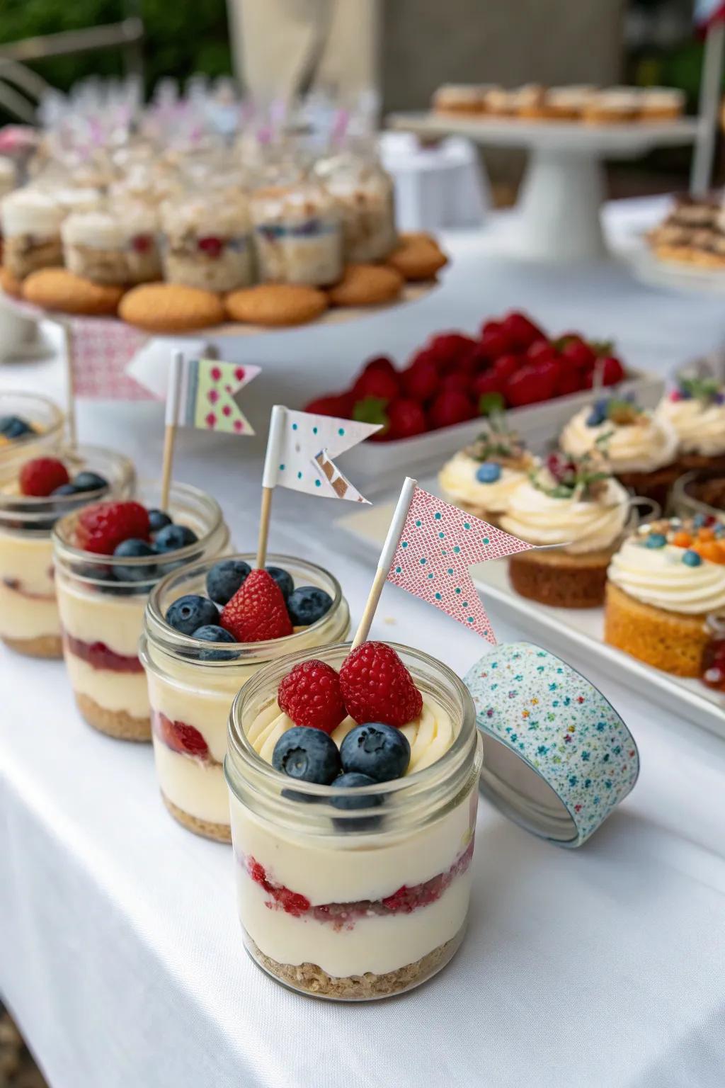Petite cheesecakes in jars with decorative elements.