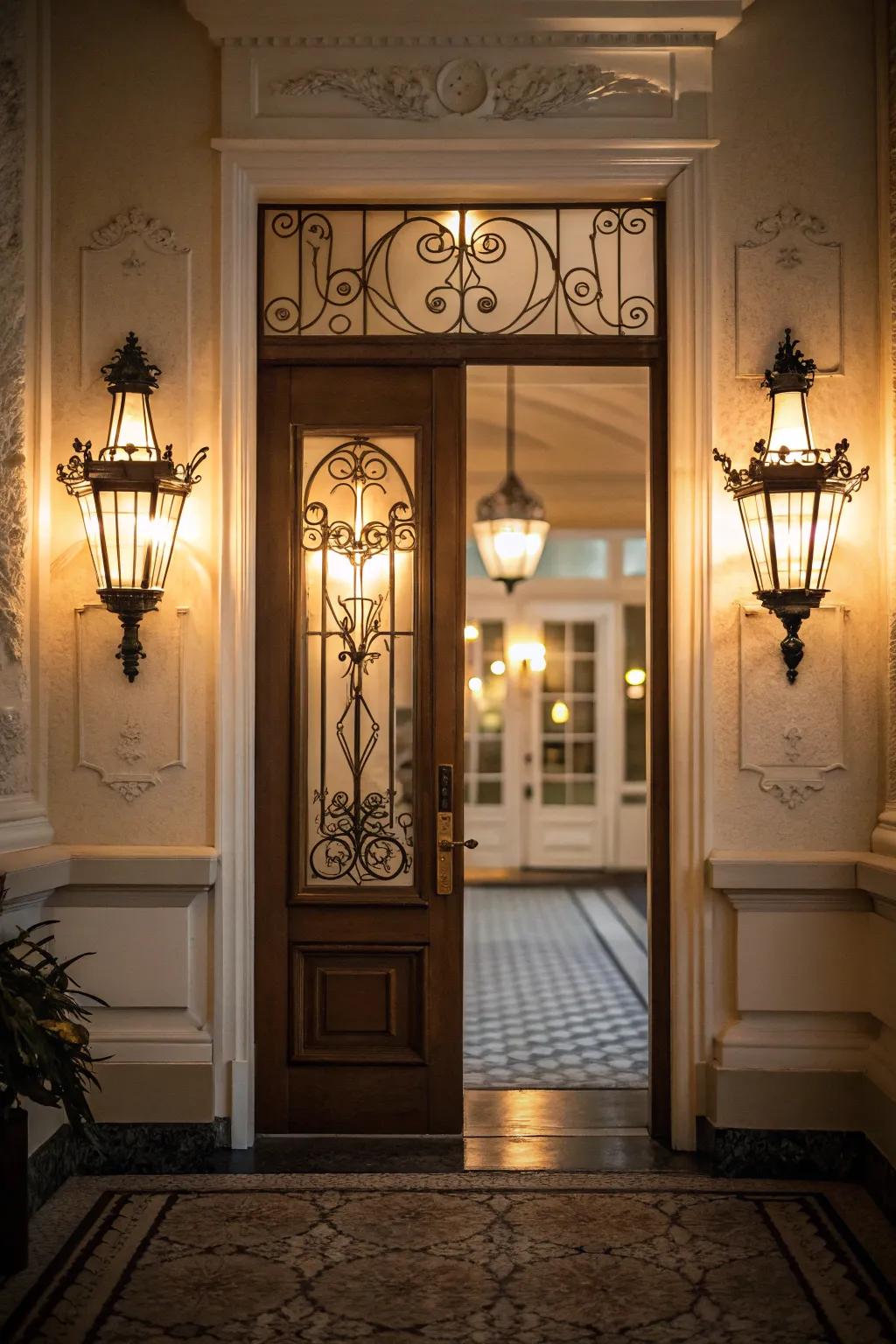 Wall-mounted lights offer decorative charm and balanced lighting.