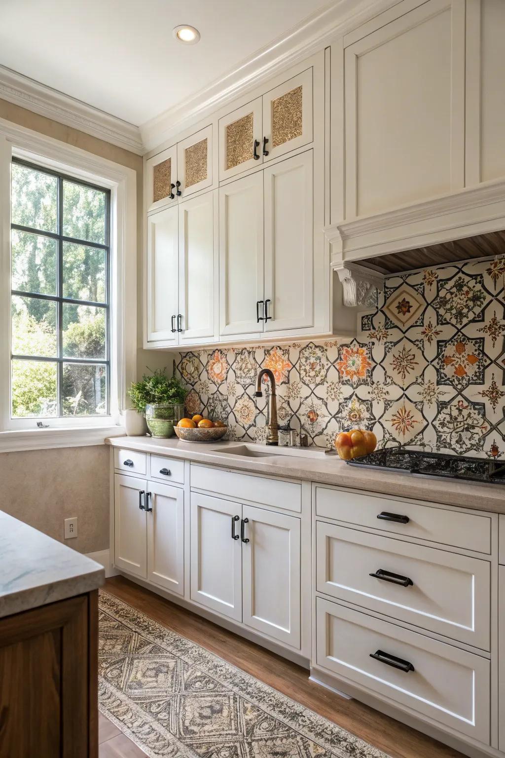 Eastern mosaics enrich this refined white kitchen with pattern and visual depth.