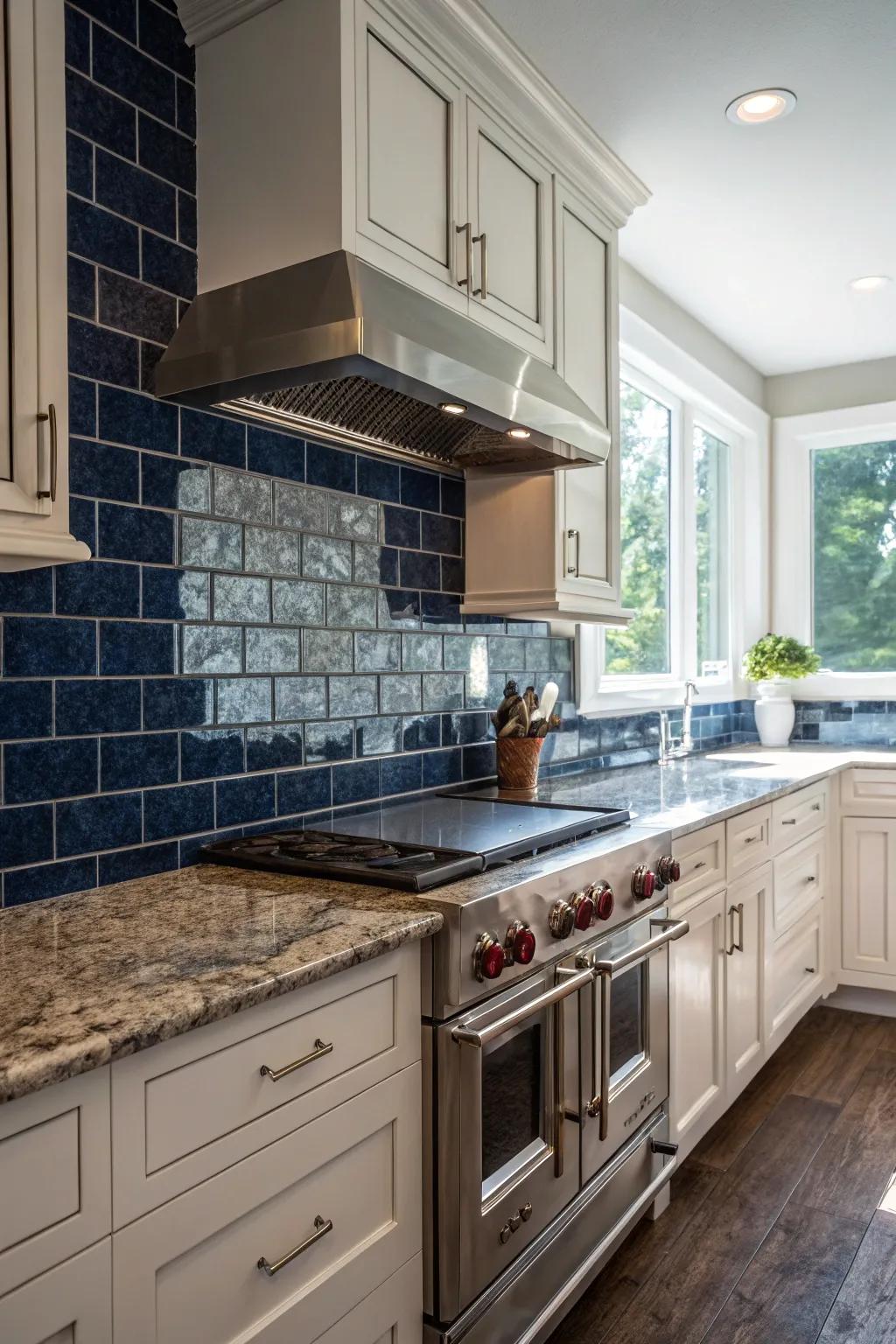 Deep sea bricks provide a striking contrast to mystic earth stone.