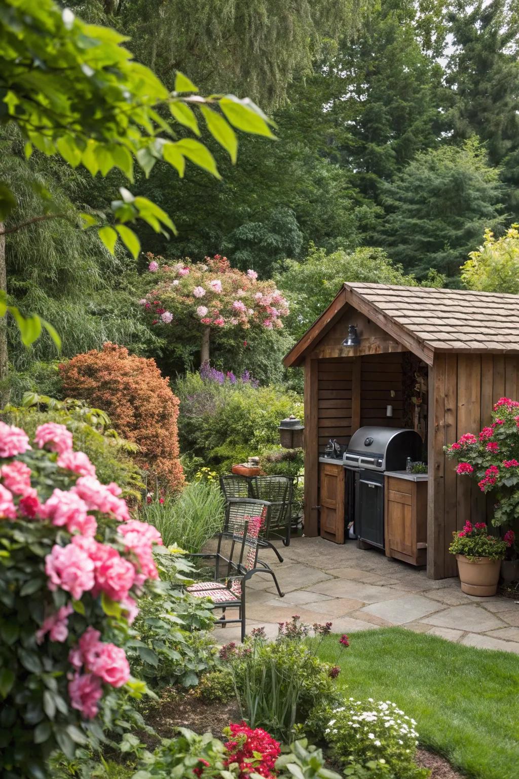 A calm yard hideaway with a BBQ outbuilding.