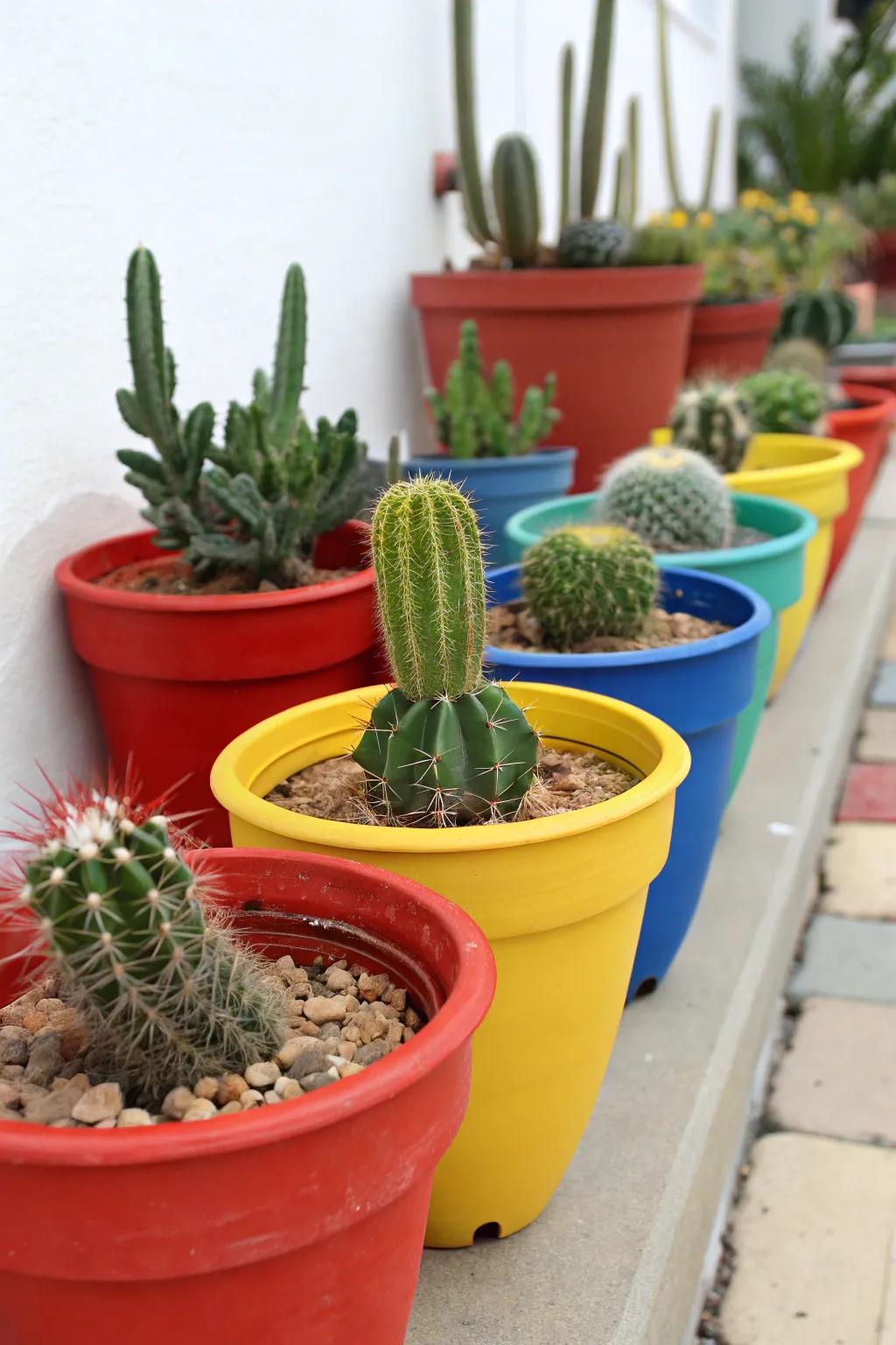 Add personality to your cactus garden using colorful, decorative pots.