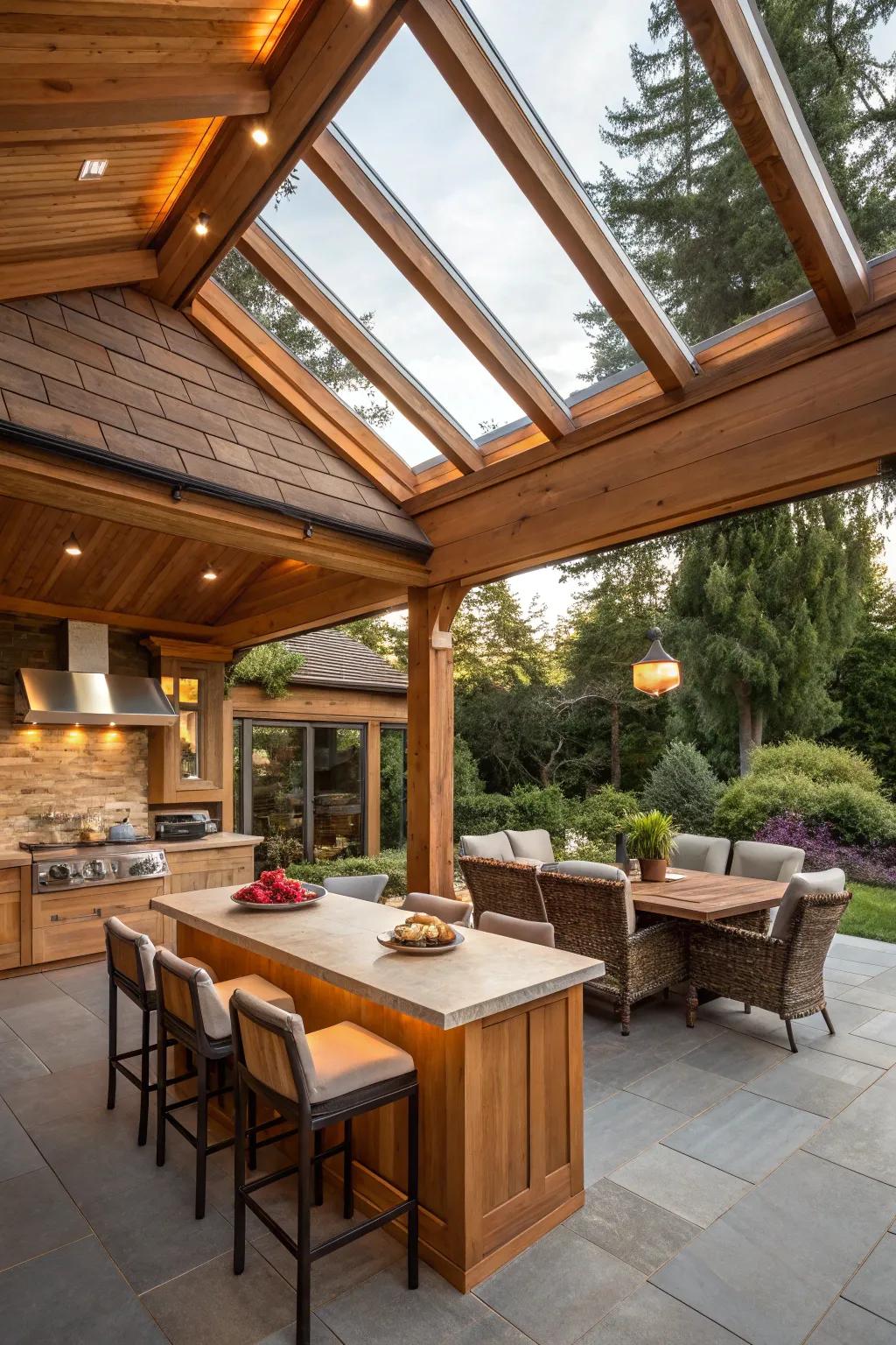 A cedar roof with skylights really shows off the natural charm of your outdoor kitchen.