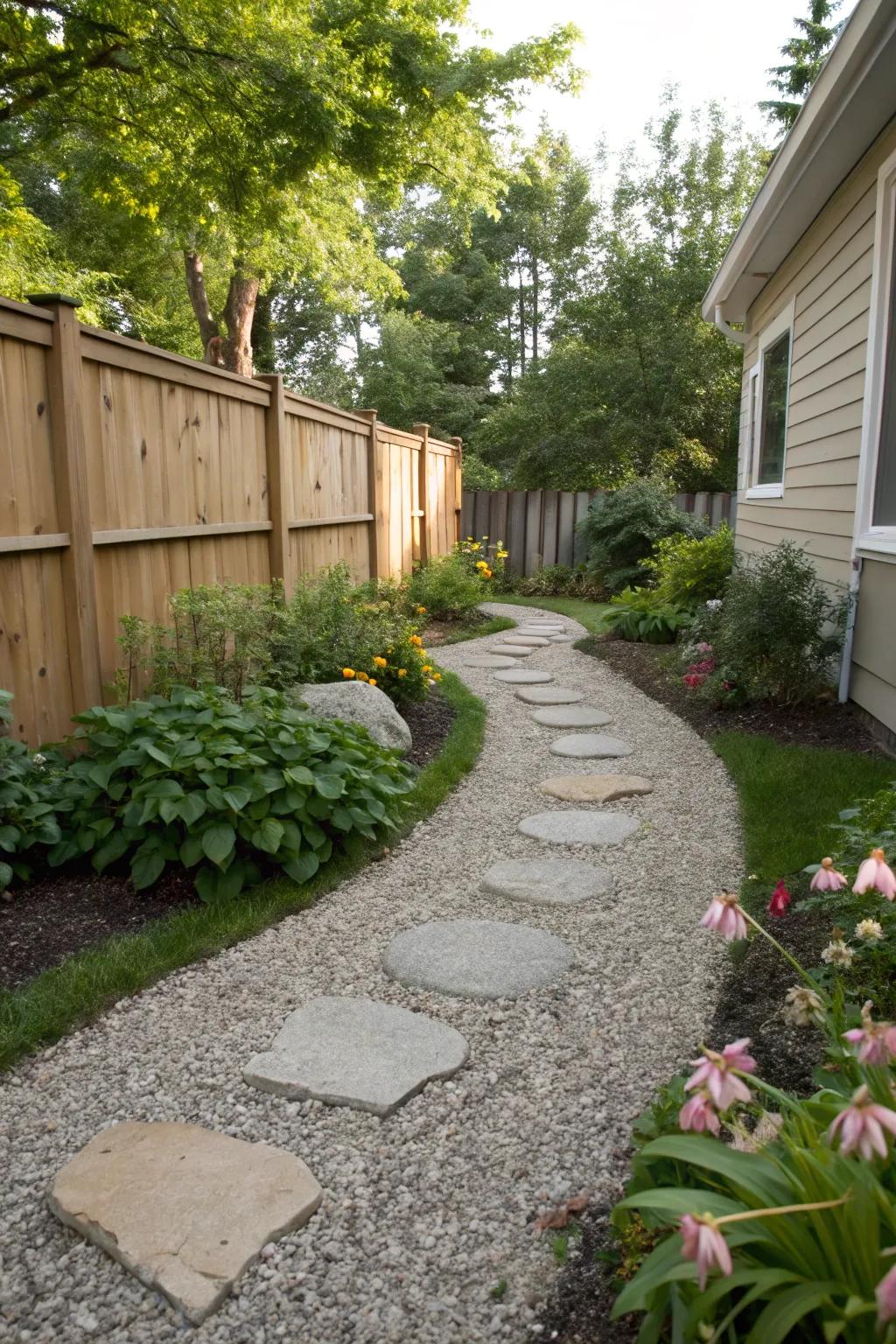 A gravel pathway effectively handling water discharge in the backyard.