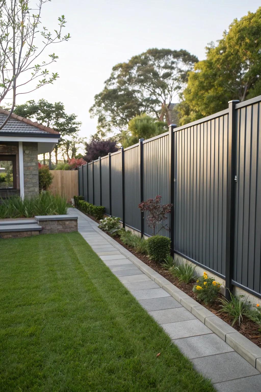 A modern steel panel fence introduces industrial modern to the backyard.
