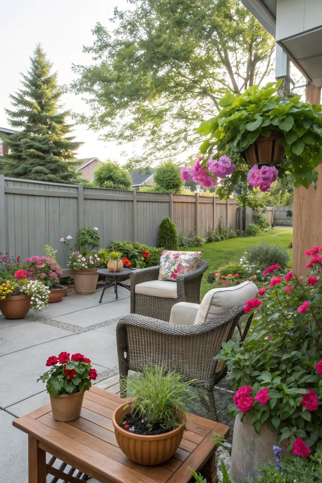 Various potted plants bring vibrancy to the patio.