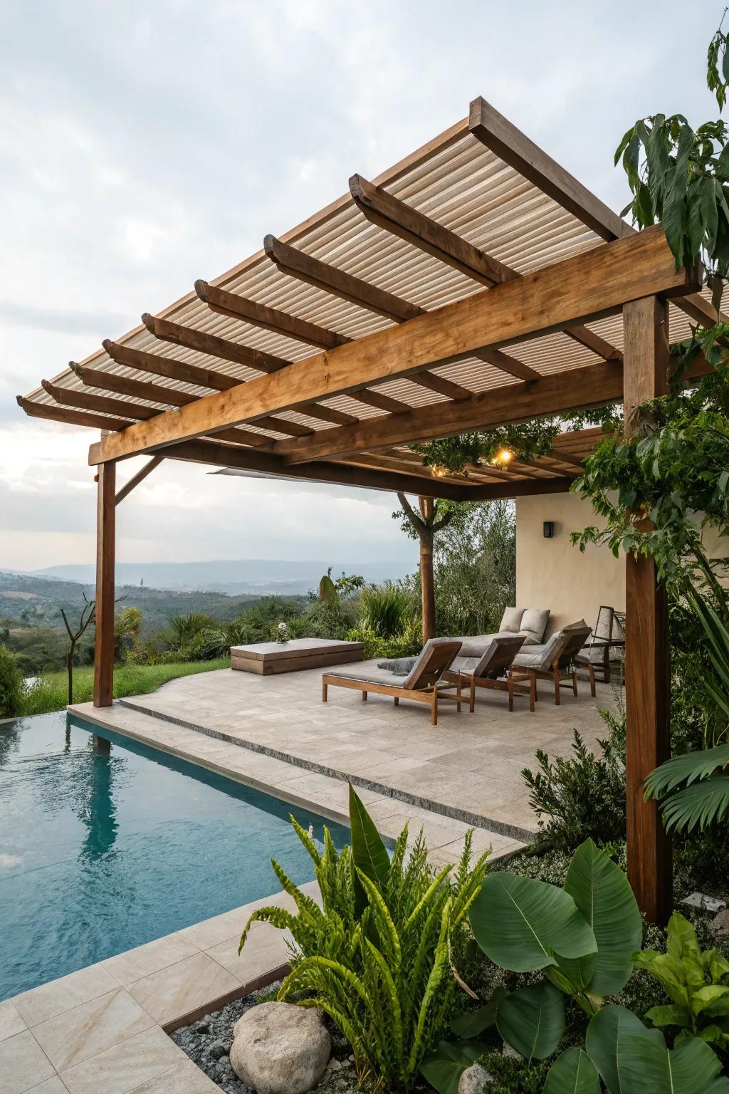 Full roof pergola offers significant shade and shelter.