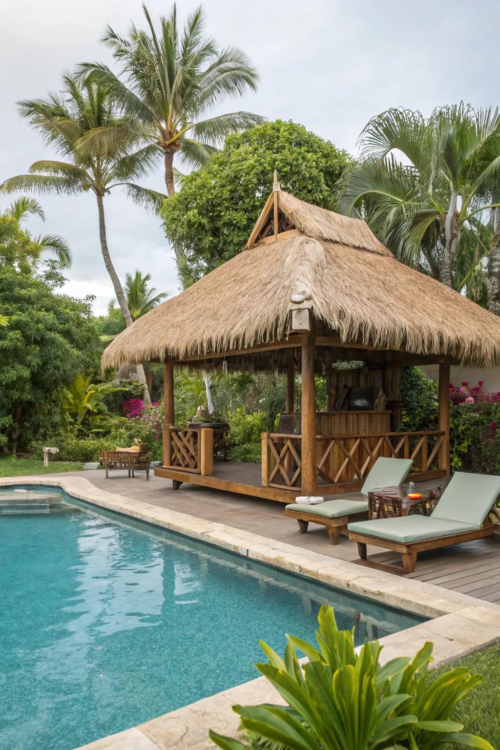 A swimming oasis adds a refreshing touch to your tiki hideaway.