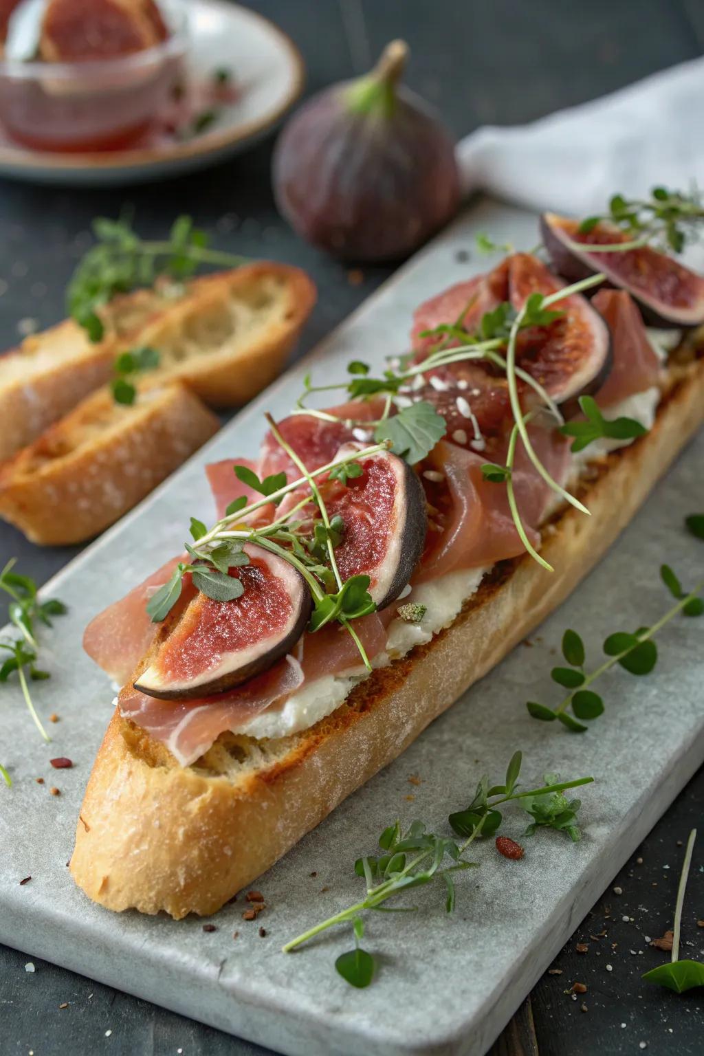 A sophisticated amalgamation of figs and prosciutto set on a baguette.