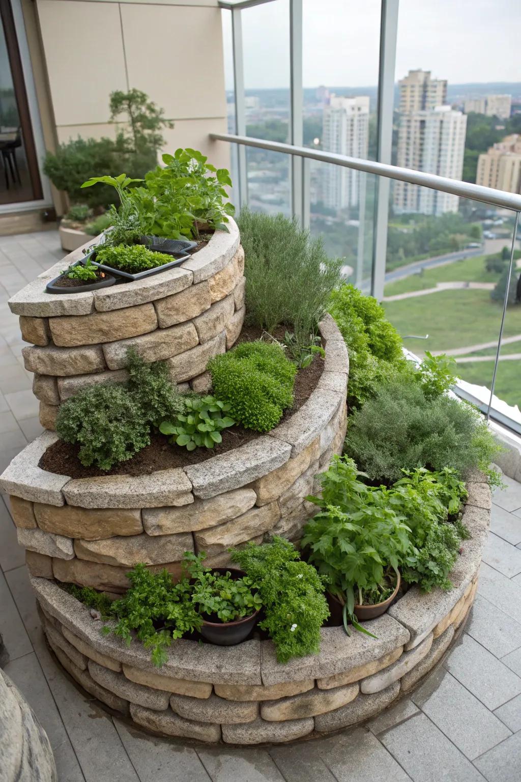 A spiral herb display is a clever way to grow many herbs in a small space.