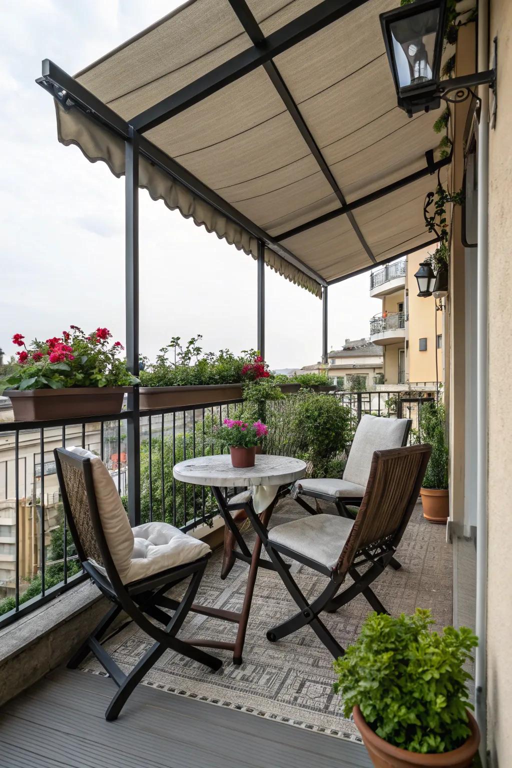 Appealing outdoor seating beneath a cool, shaded balcony area.