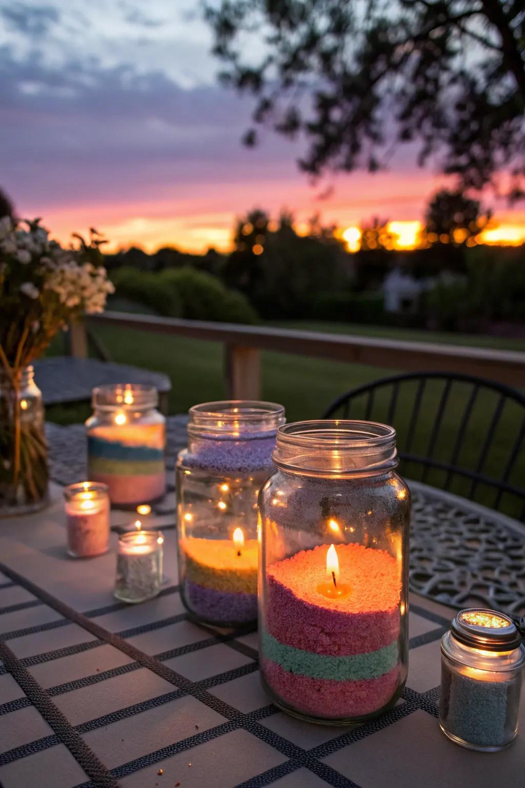 Tailored candle lanterns made from preserving jars establish a magical atmosphere.