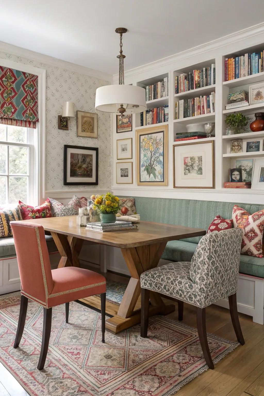 A vibrant dining area blending banquette seating with a variety of chairs.