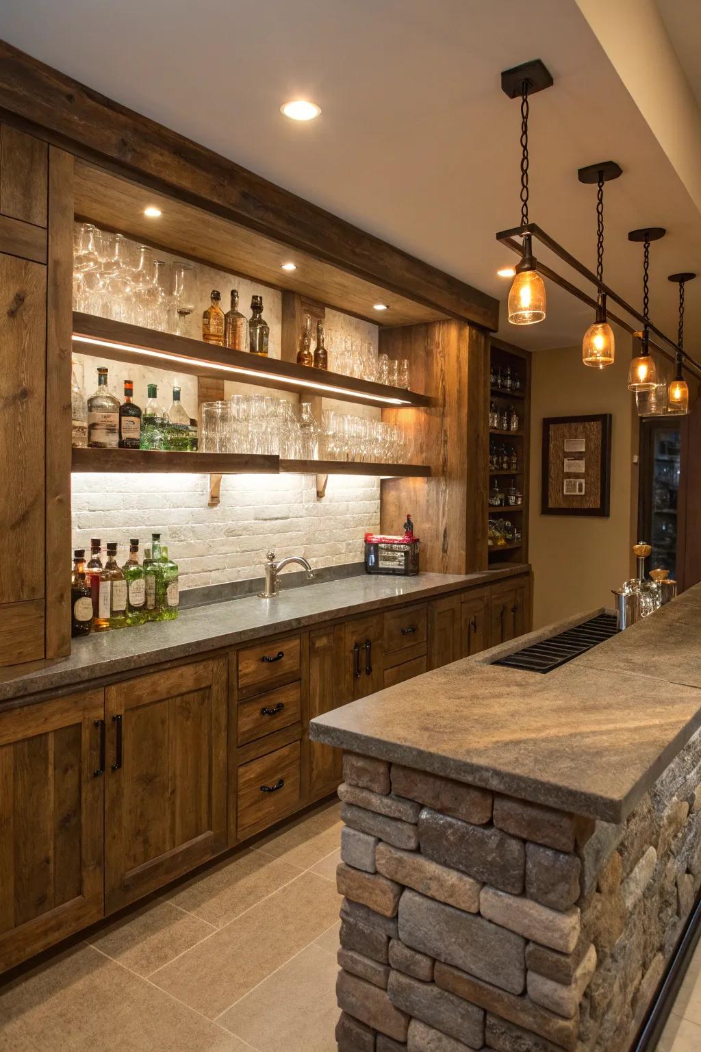 Upcycled timber introduces a hint of homespun elegance to your bar.