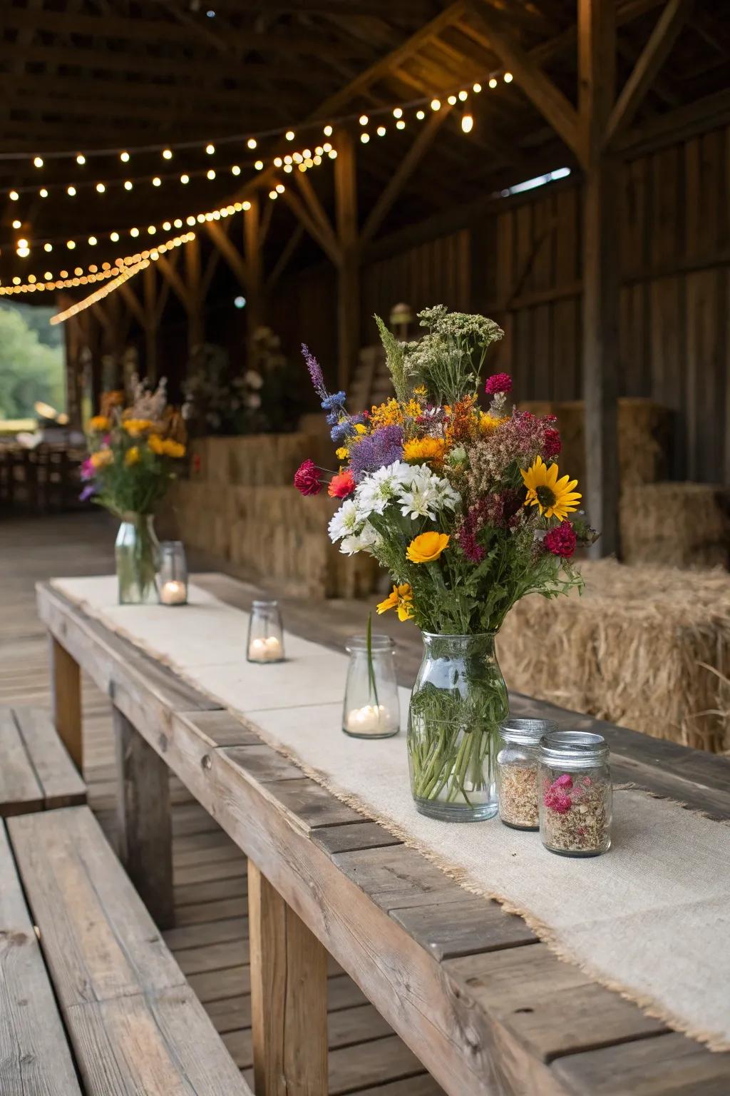 Botanical displays contribute a burst of color to barn decor.