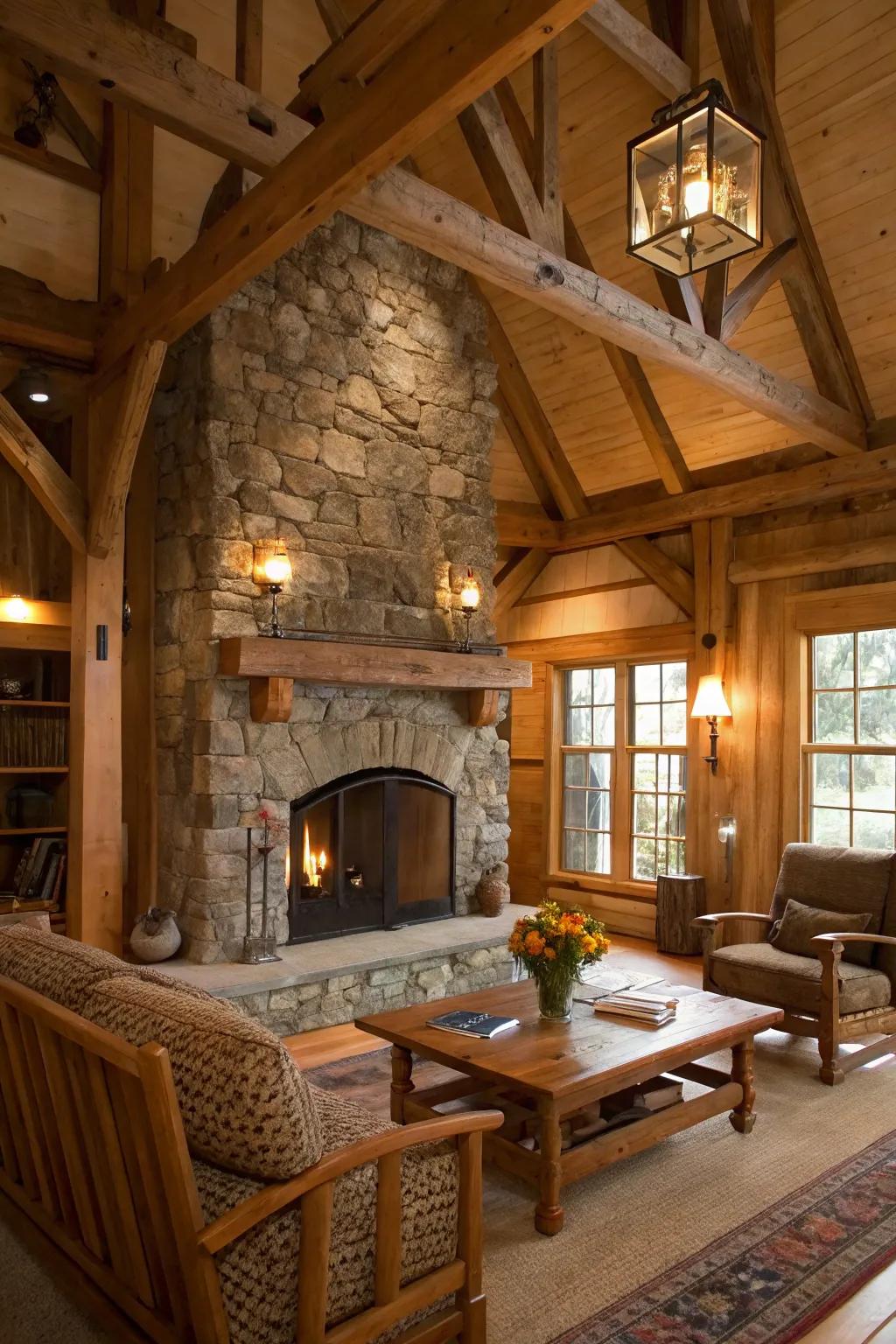 An inviting family room arranged around a country-style stone fireplace.