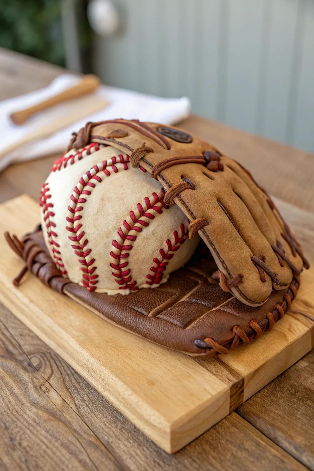 A leather catcher cake that seems too real to eat.