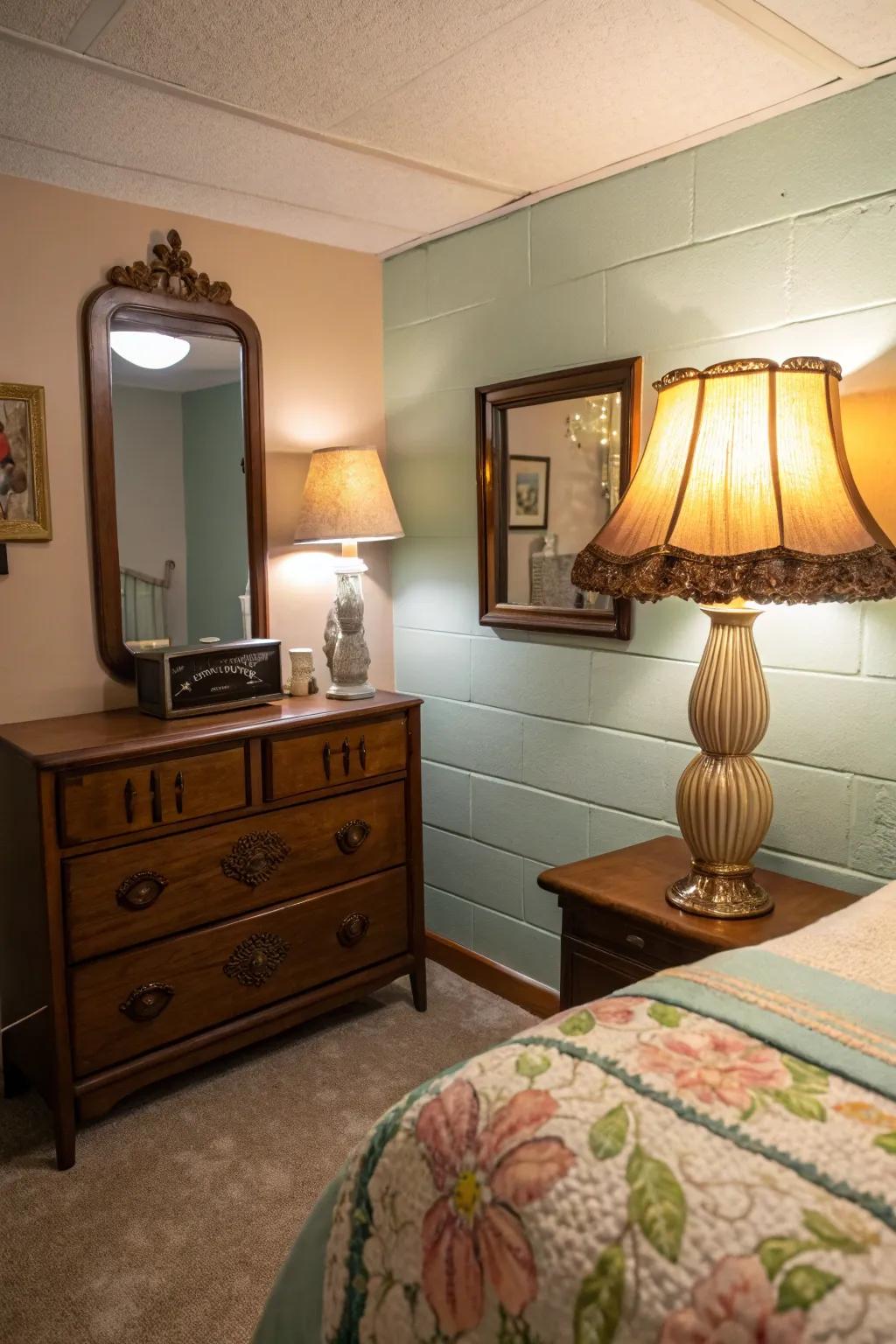 Time-honored decor elements infuse singular character into this basement bedroom.