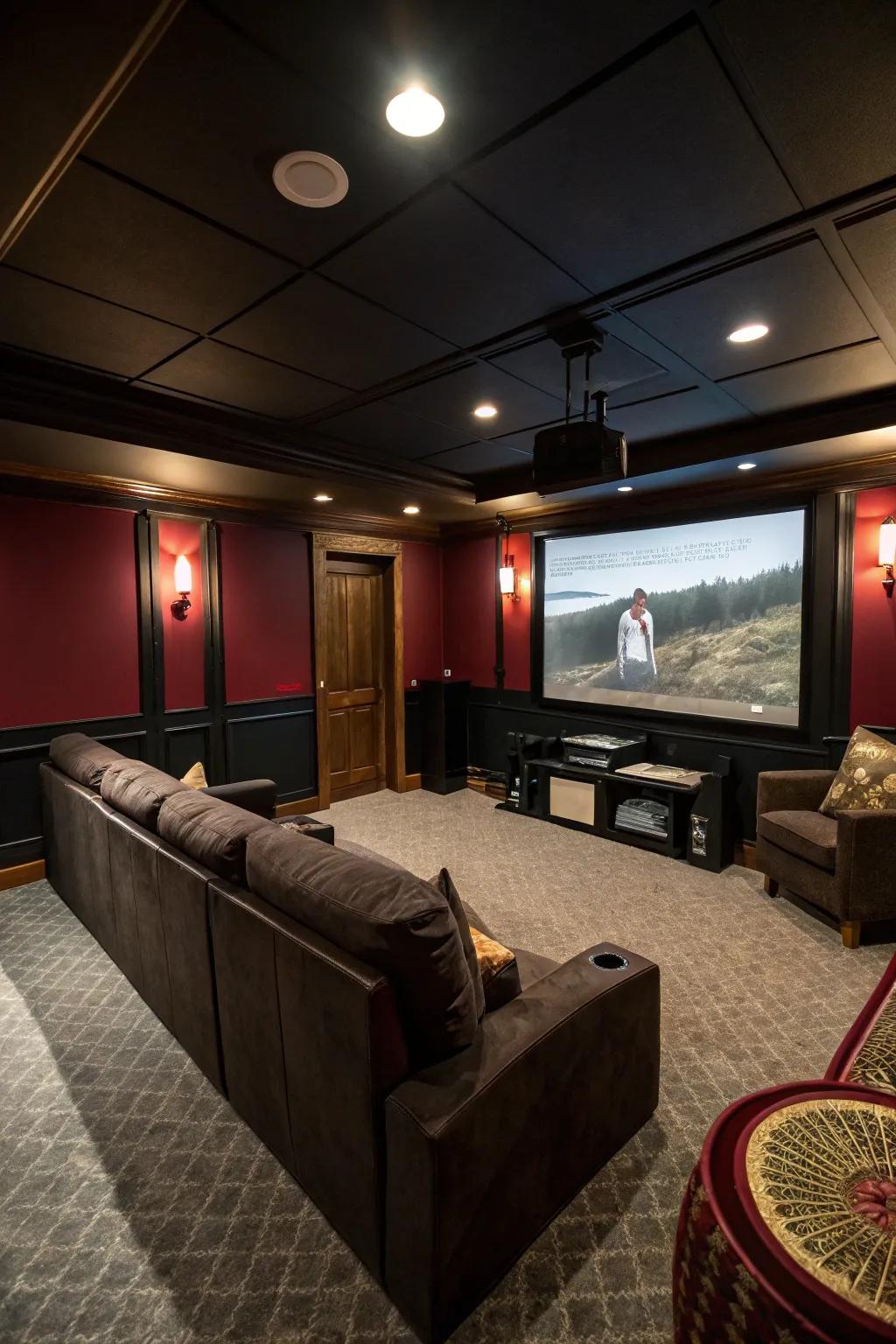 A deep color scheme intensifies the cinematic experience in a media space.