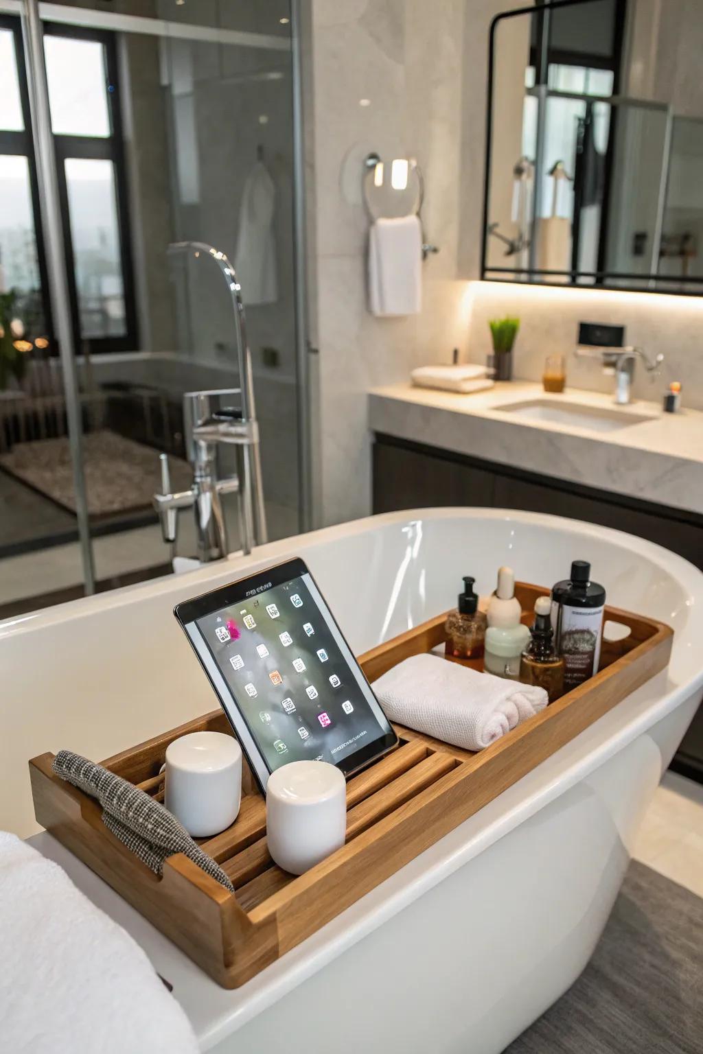 Stream your preferred content while delighting in a tranquil bath.