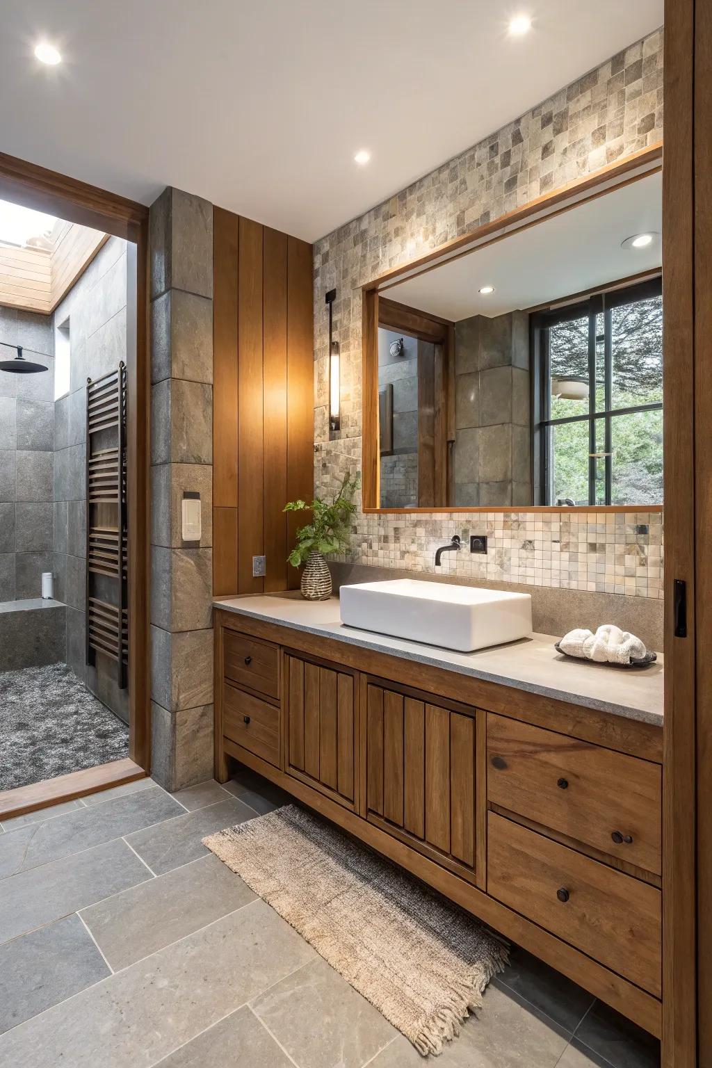 Incorporate a variety of materials to give your bathroom design more character and depth.