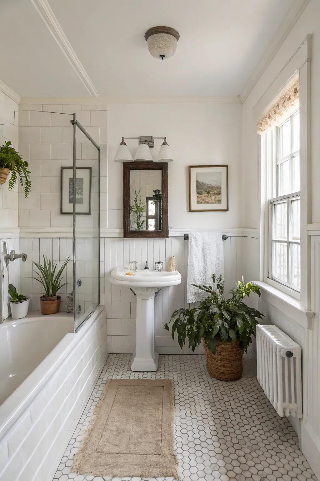 Bright white walls deliver a timeless and airy bathroom atmosphere.