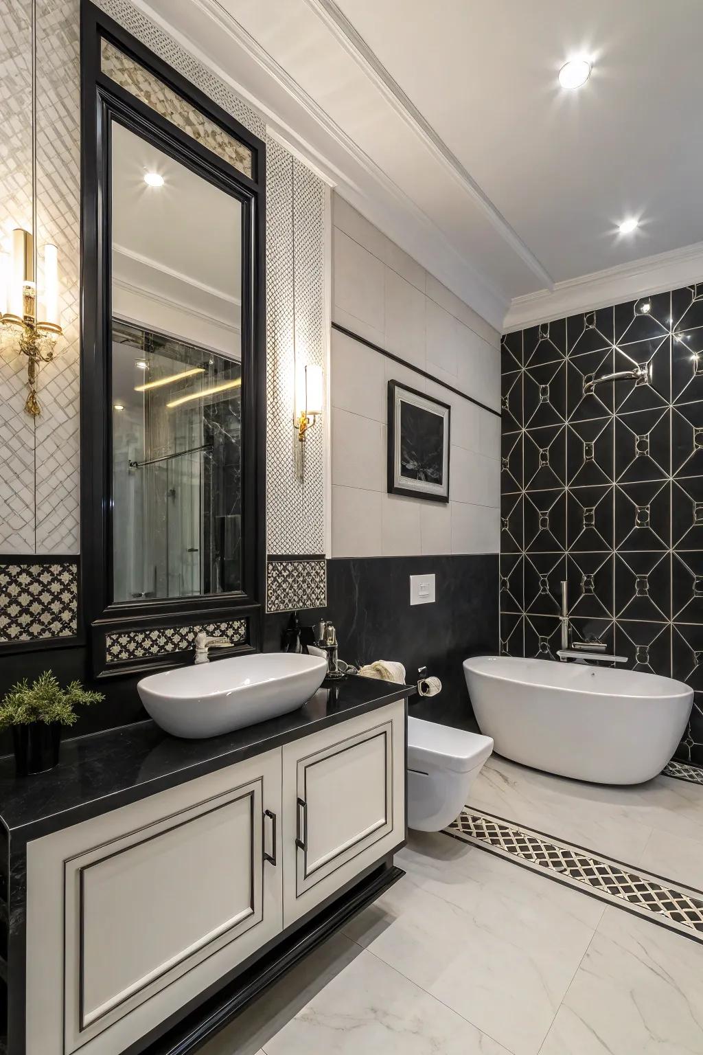 A sophisticated black and white bathroom showcasing contemporary elegance.