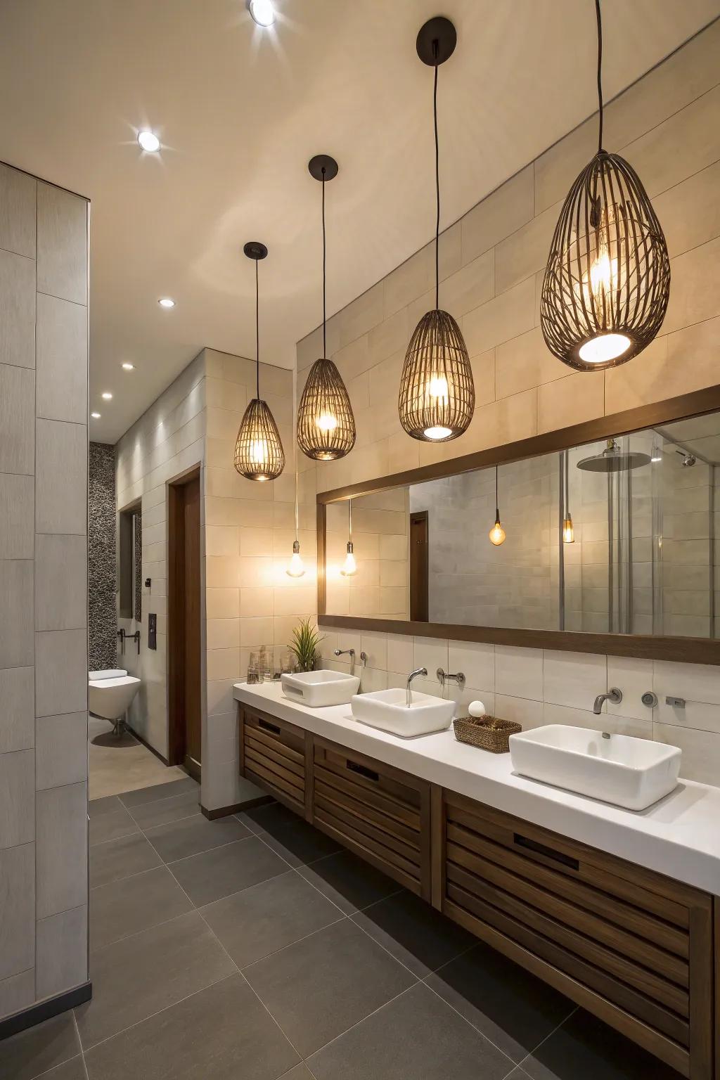 Hanging lights add drama and dimension to your bathroom.