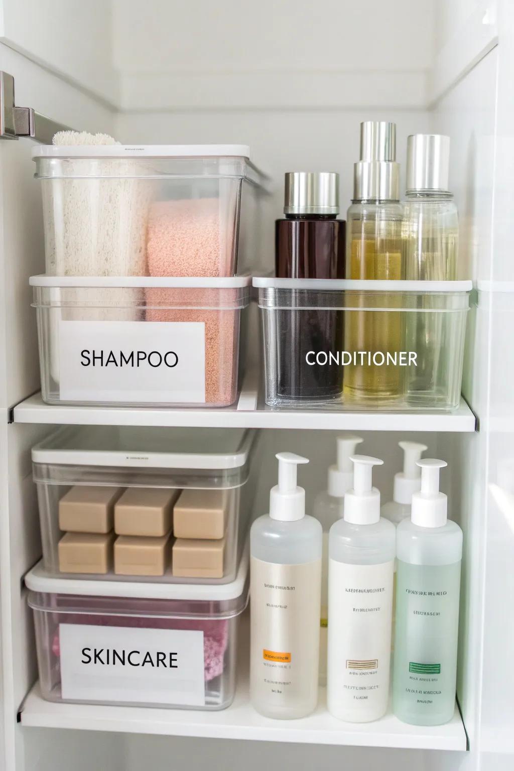 See-through containers maintain cabinet essentials organized and visible.