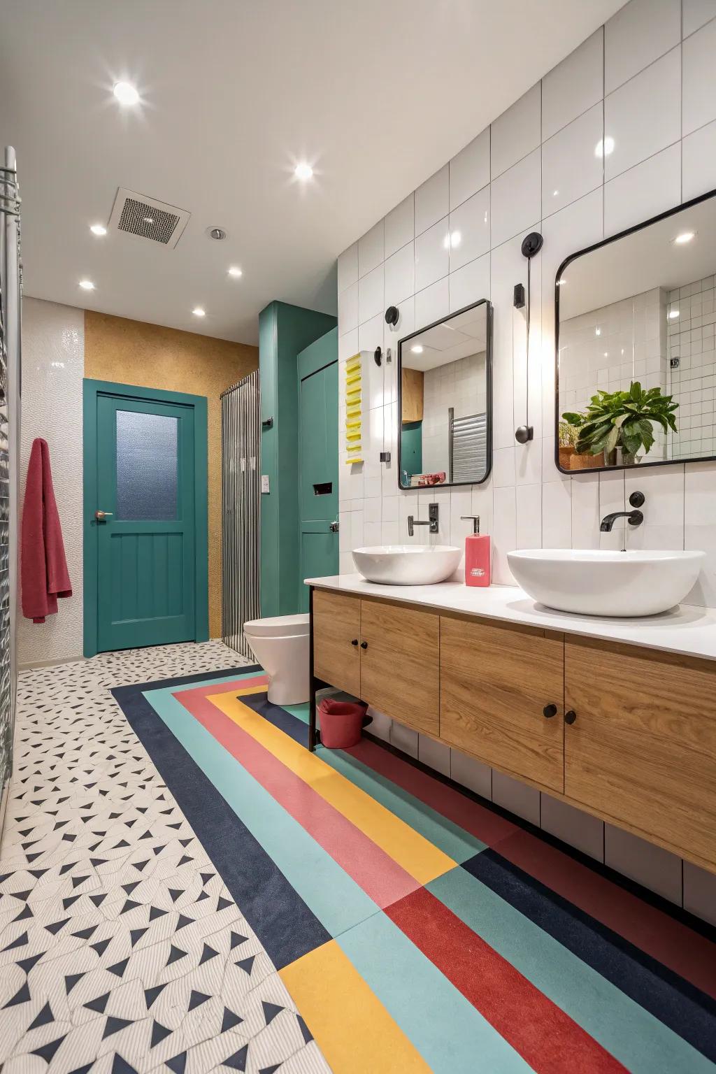 Colorful plastic flooring adds contrast and vibrancy to this bathroom.
