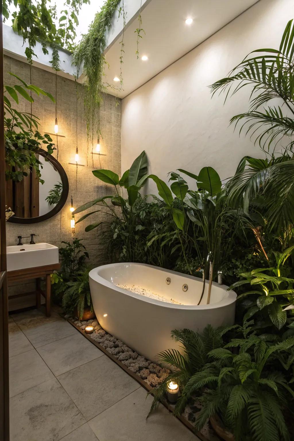 A spa-like atmosphere with foliage and subtle illumination surrounding the bathtub.