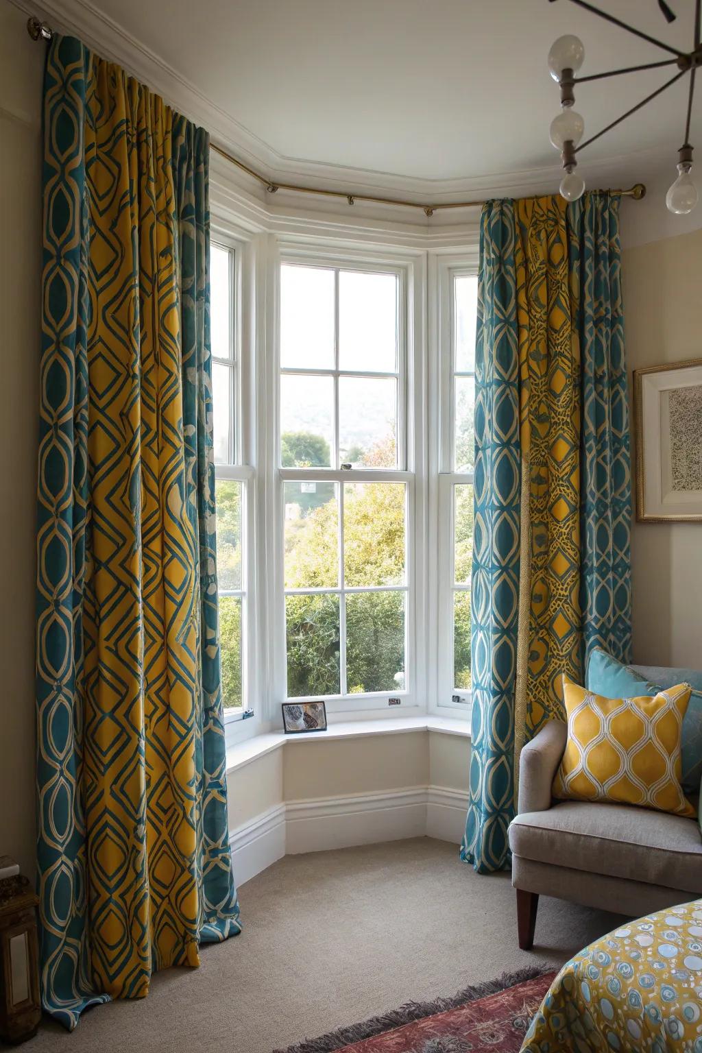 Patterned curtains breathe vitality and flair into your bay window.