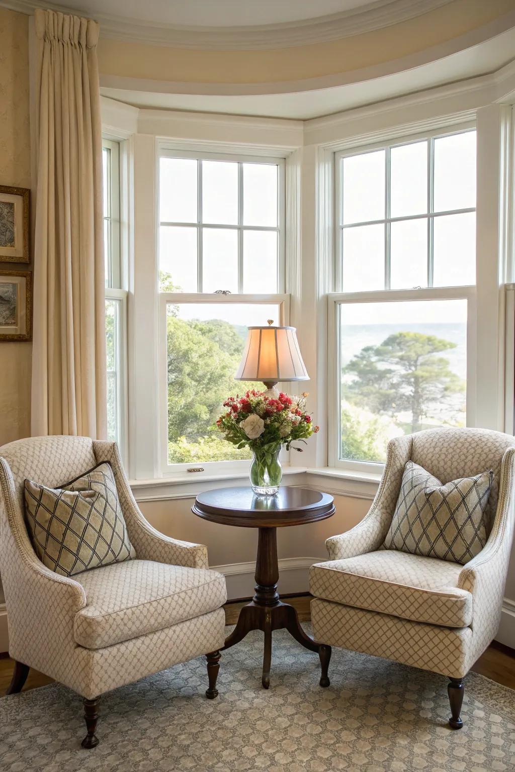 Balanced seating heightens both utility and elegance in your alcove window zone.