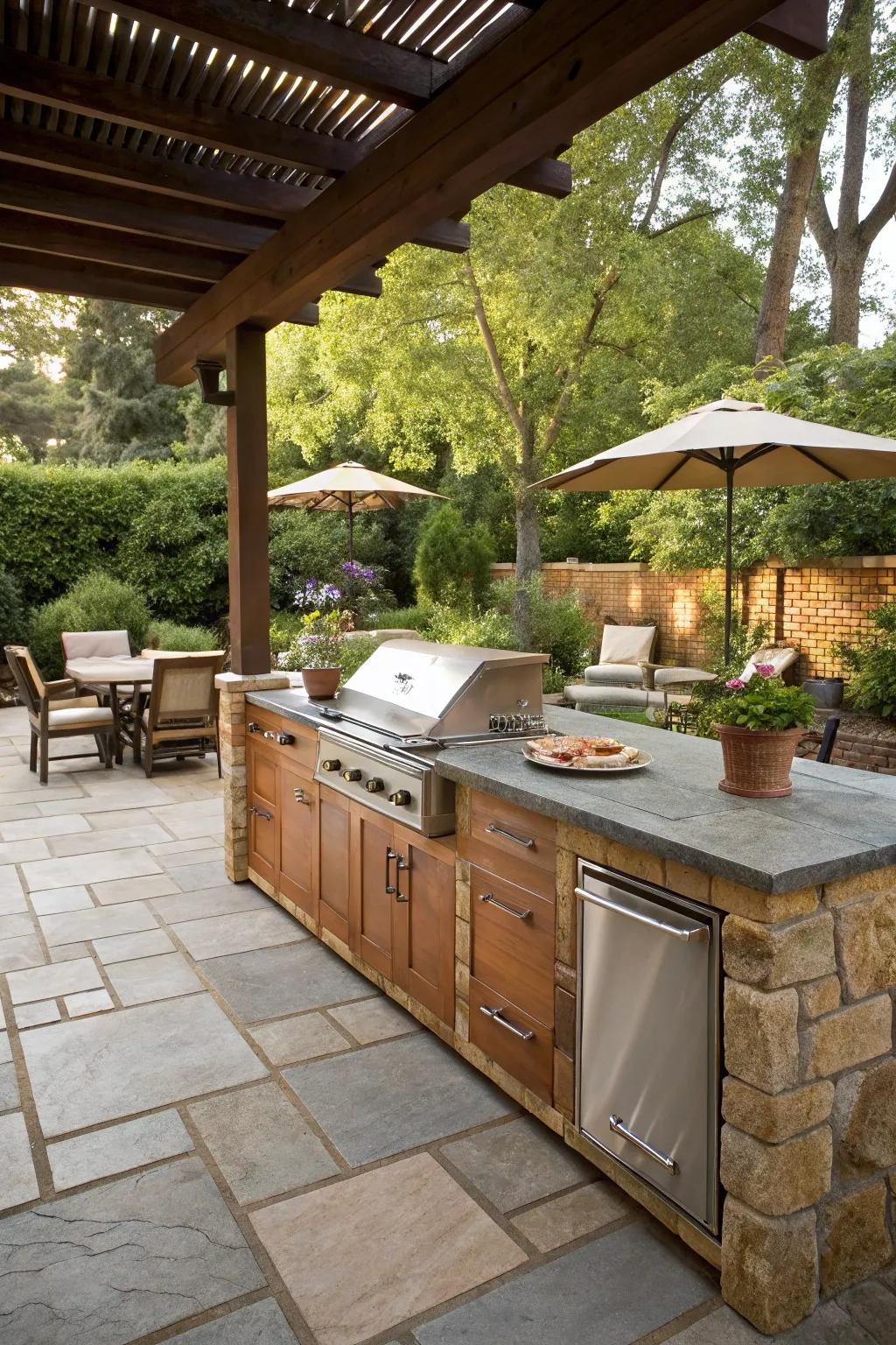 Comprehensive outdoor kitchen for fluid meal preparation.