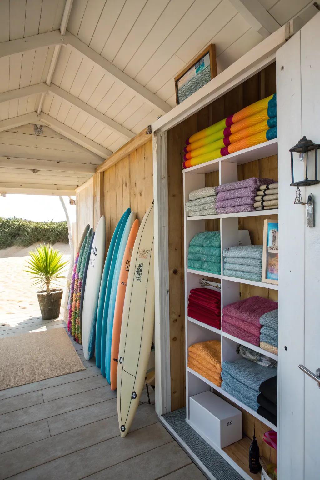 Innovative storage solutions keep beach necessities accessible and well-organized.