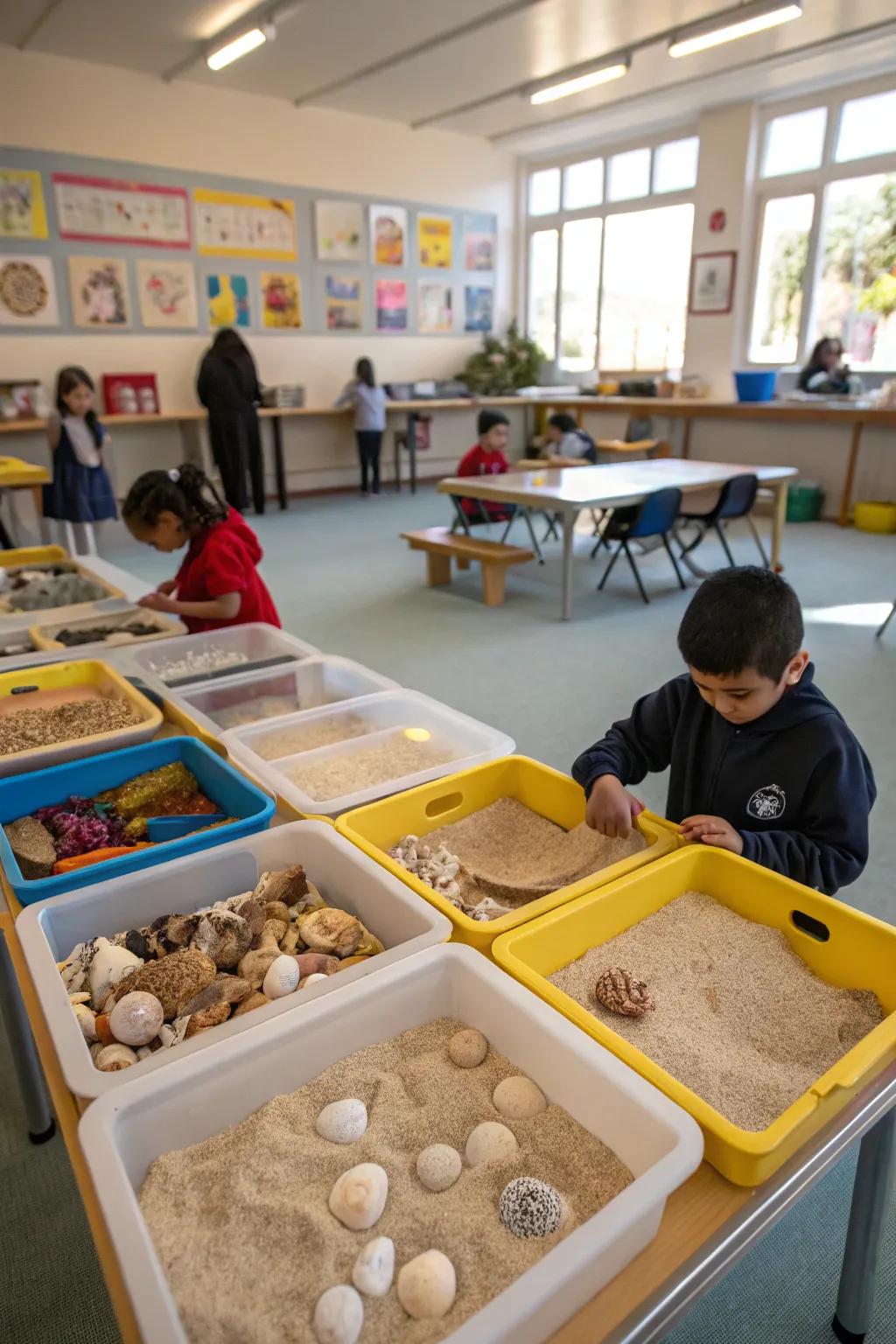 Shell sensory stations in the classroom foster tactile education and exploration.