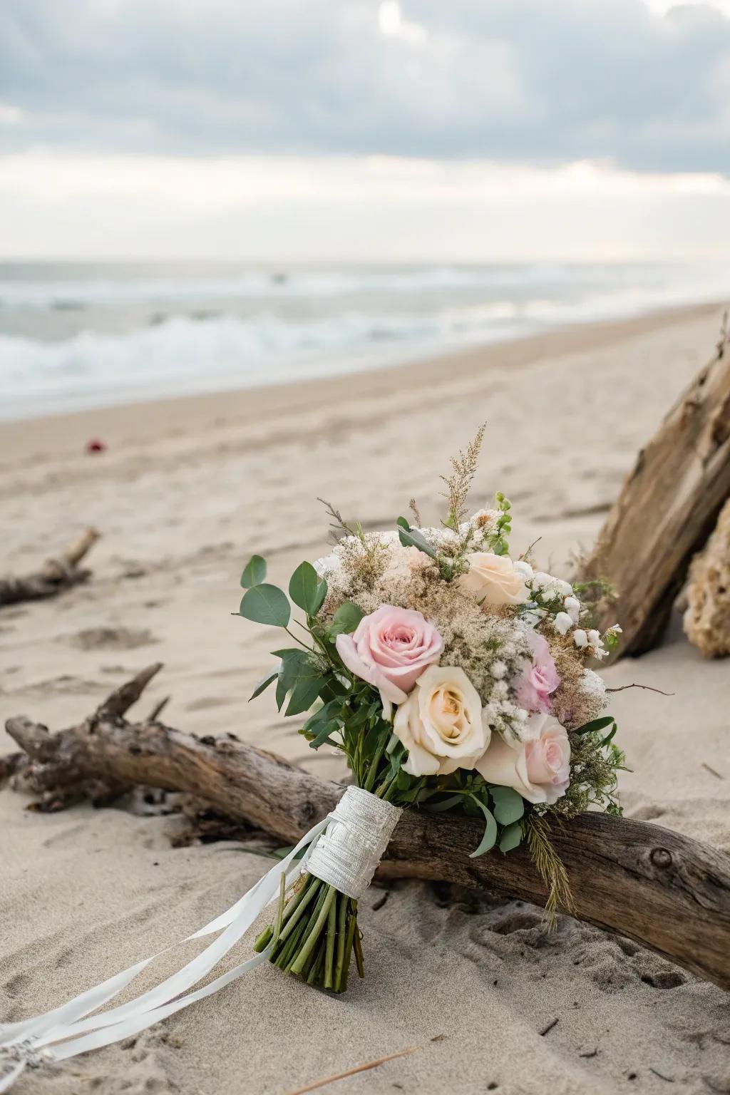 A posy showcasing driftwood for a countryside seaside aesthetic.