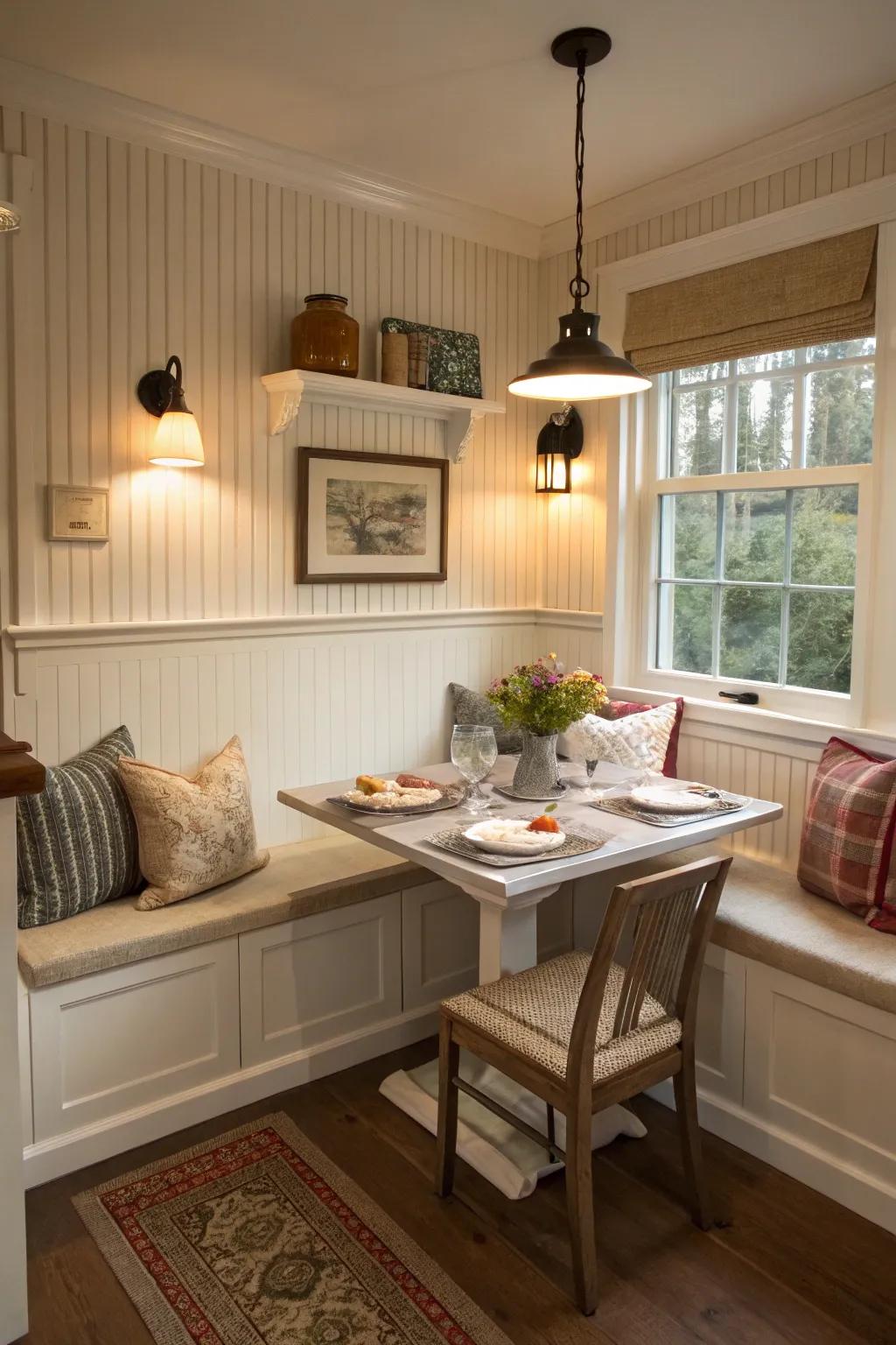 Paneling imparts a snug ambiance to kitchen recesses.