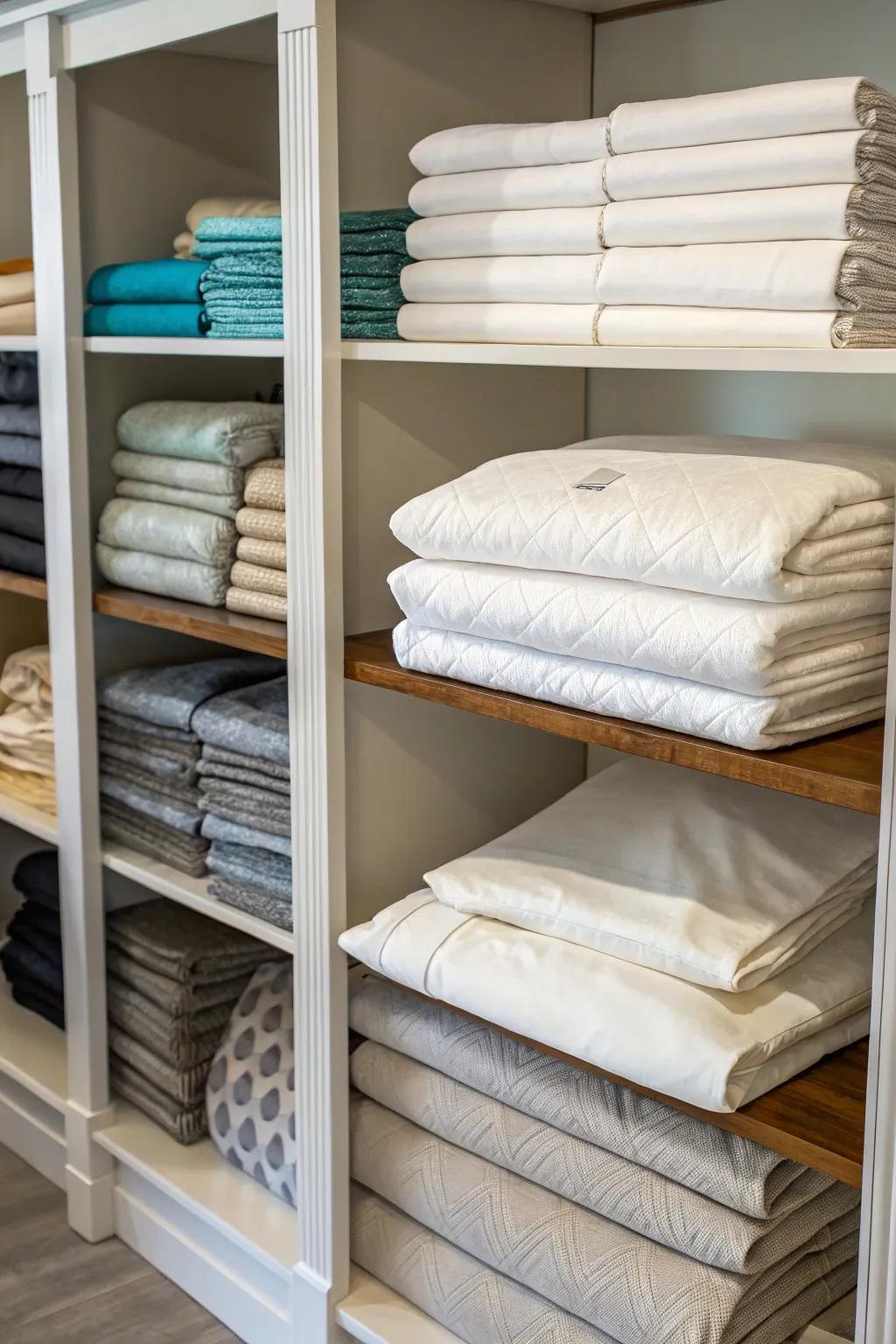 Customizable shelving units offer storage solutions.