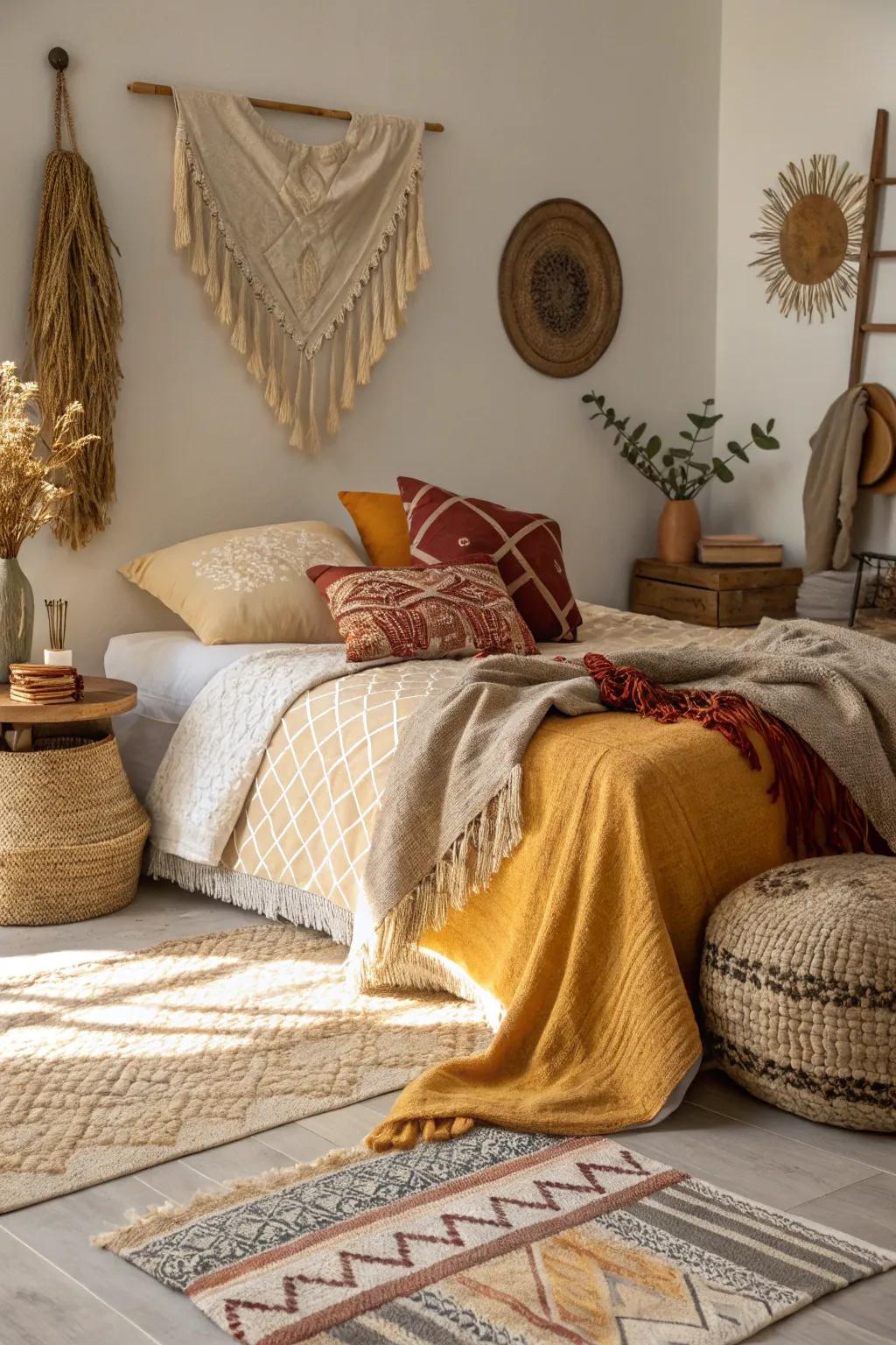 Patterns add depth and warmth to this cozy bedroom.