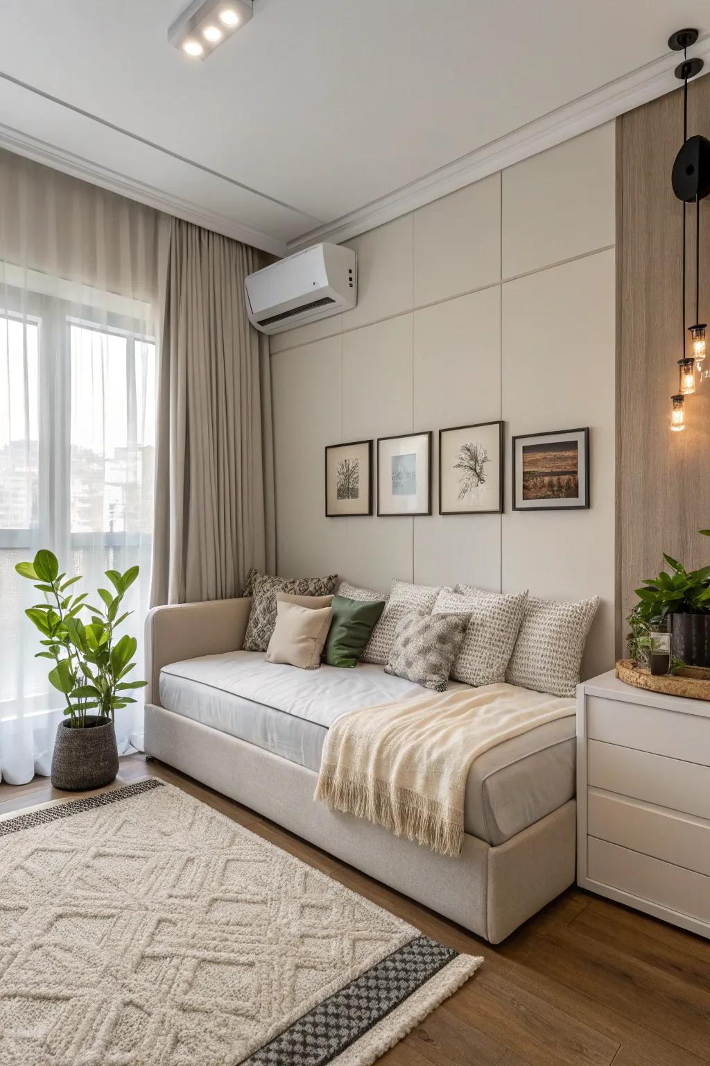 A modern angle couch exemplifying spatial optimization, seamlessly harmonizing elements of comfort and aesthetic refinement within the bedroom domain.