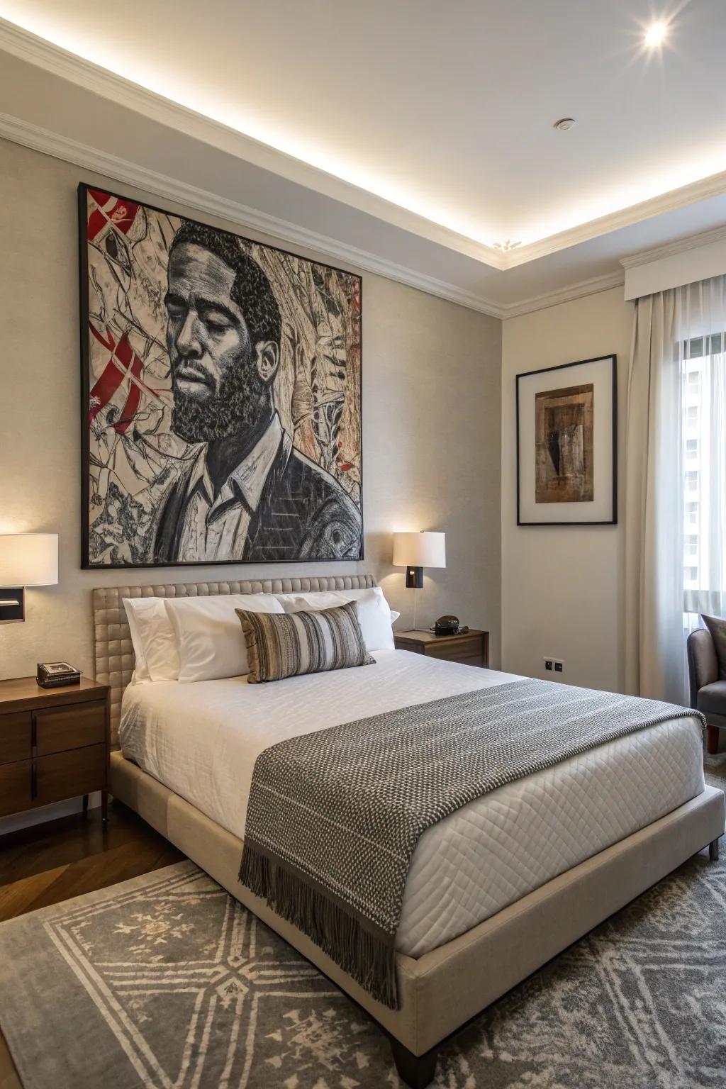Striking artwork acts as a captivating core point within this bedroom.