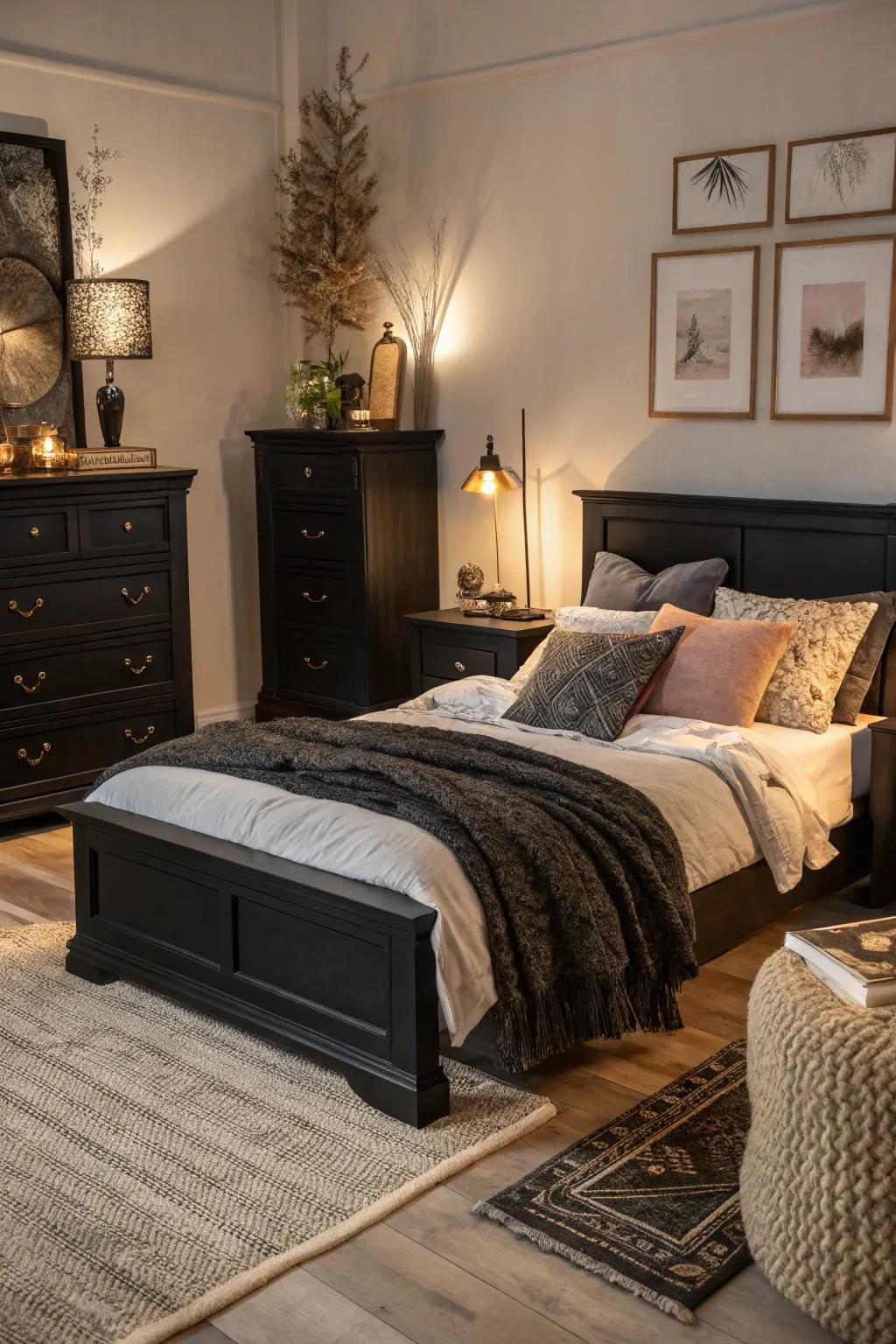 Varied textures like velvet and knits add depth and warmth to an ebony furnished bedroom.