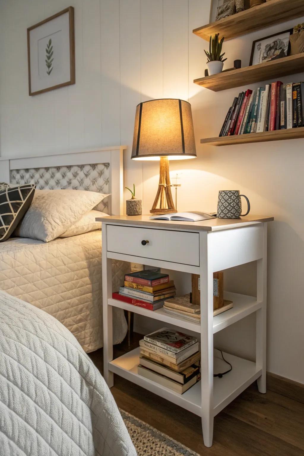 Double up your desk as a bedside table for space savings.