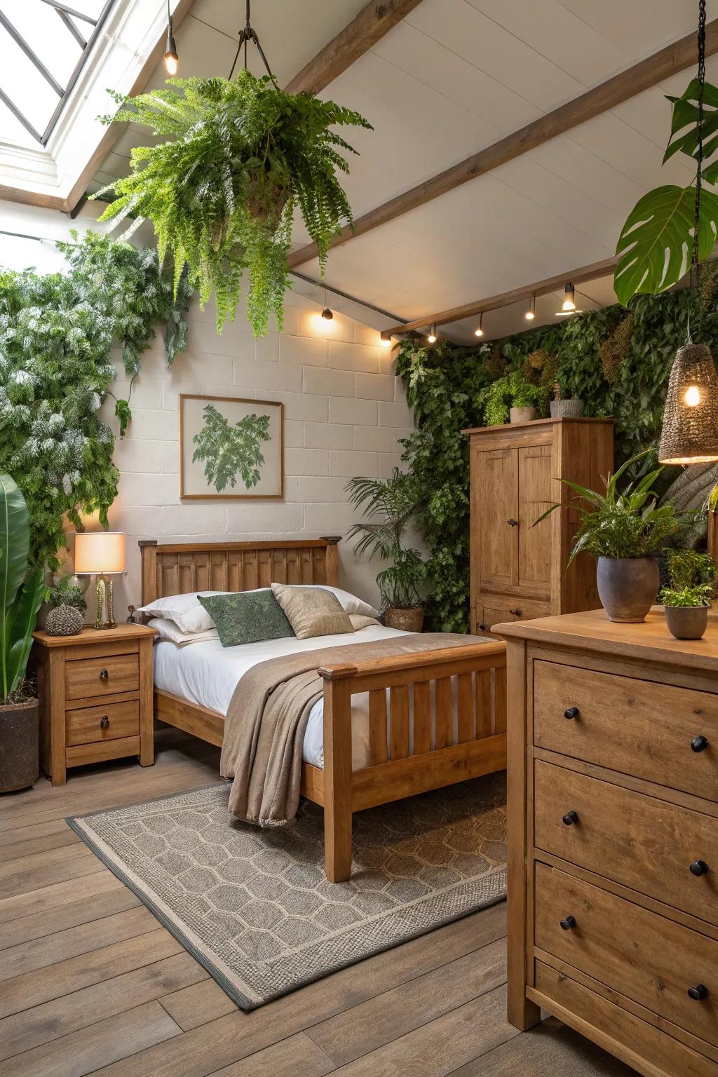 A bedroom blending seamlessly with nature through wood and lush plants.