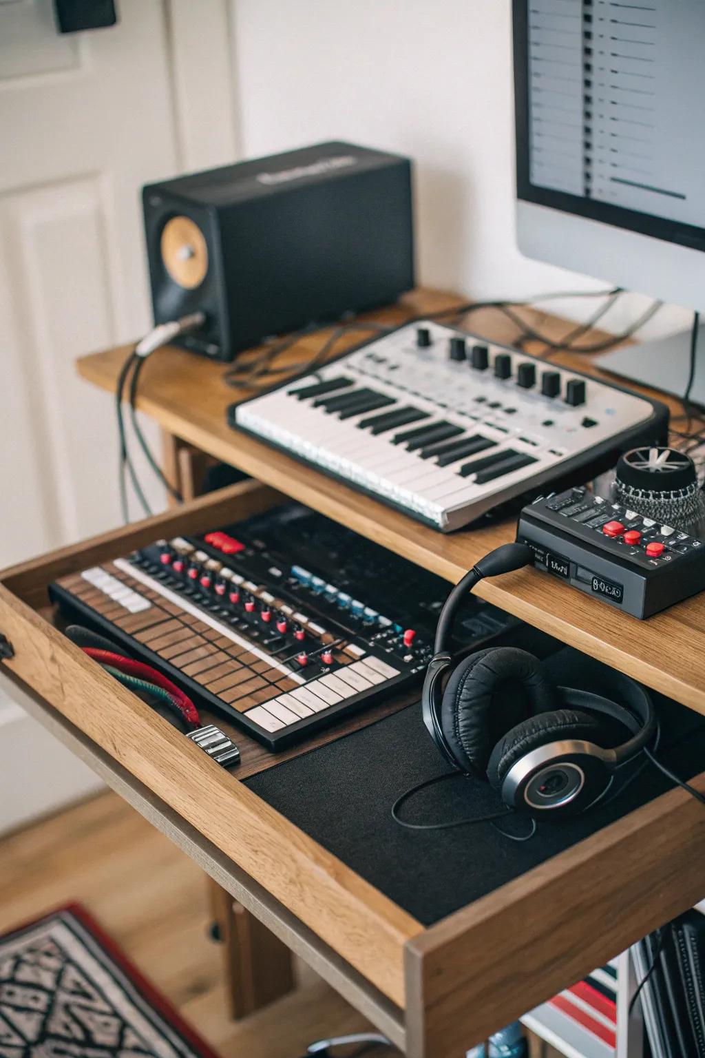A space-saving desk with storage solutions keeps your studio organized and efficient.
