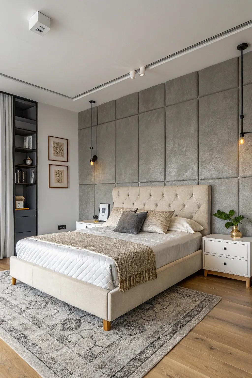 Grey accent wall delivering depth and visual drama.